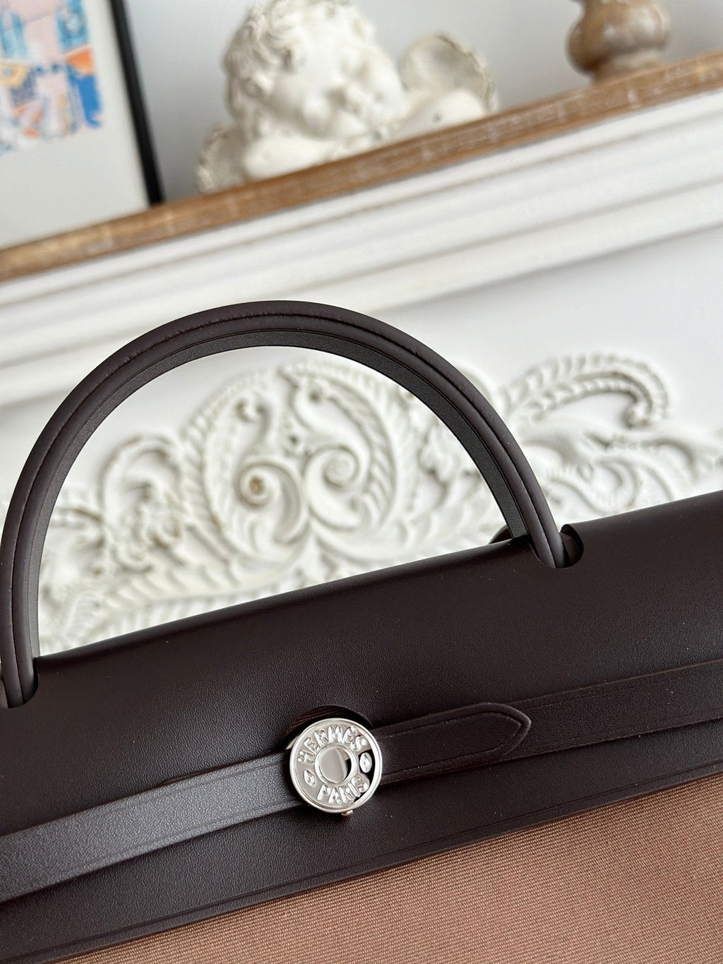 HERMES ZIP CABINE 31 BAG IN CHOCOLATE BROWN CANVAS AND BLACK CALFSKIN
