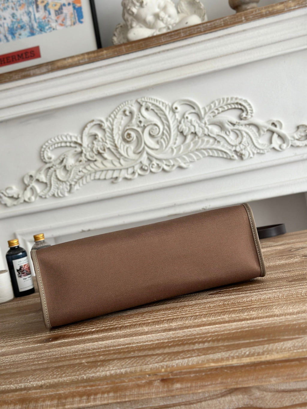 HERMES ZIP CABINE 31 BAG IN CHOCOLATE BROWN CANVAS AND BLACK CALFSKIN
