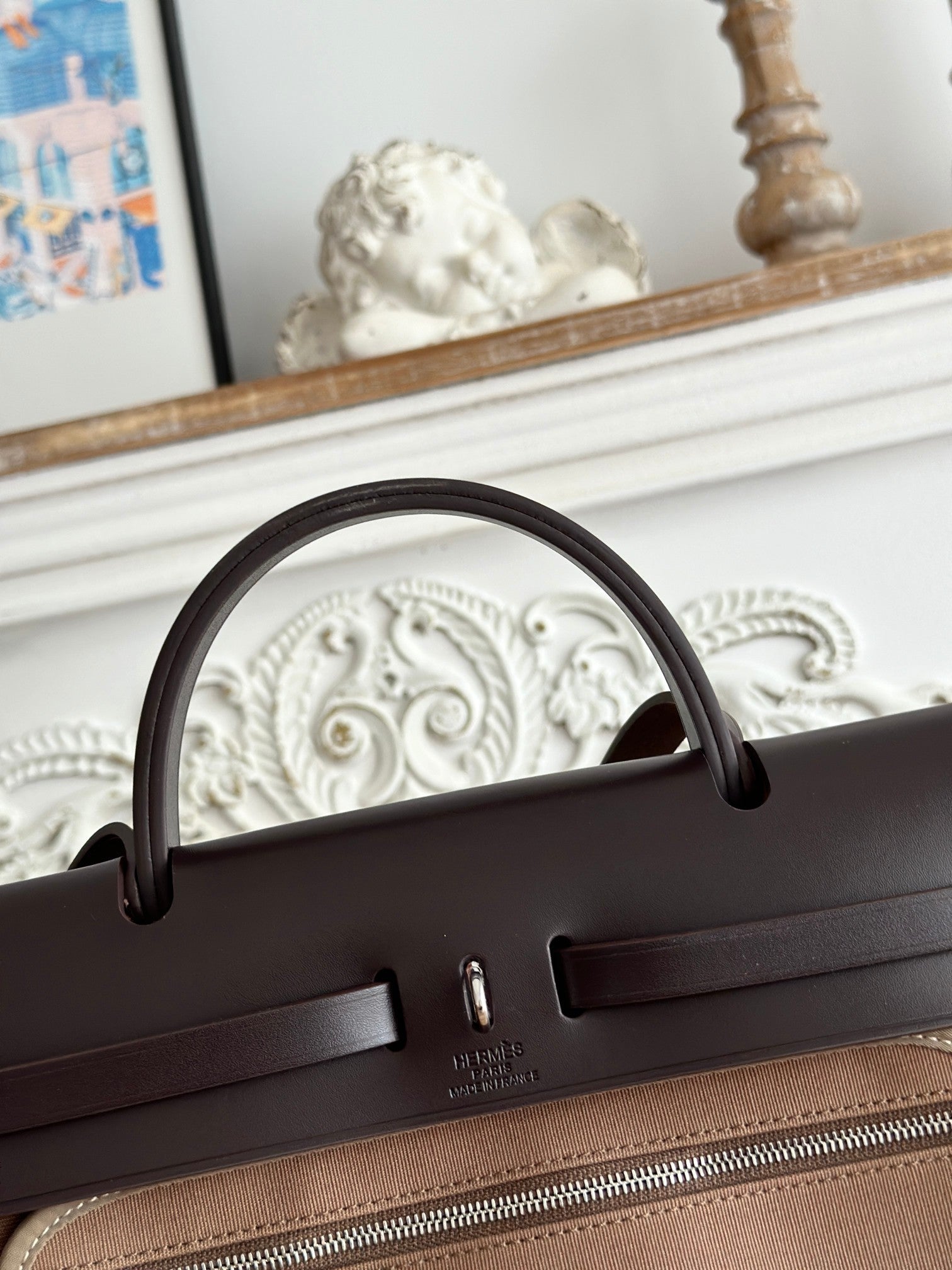 HERMES ZIP CABINE 31 BAG IN CHOCOLATE BROWN CANVAS AND BLACK CALFSKIN