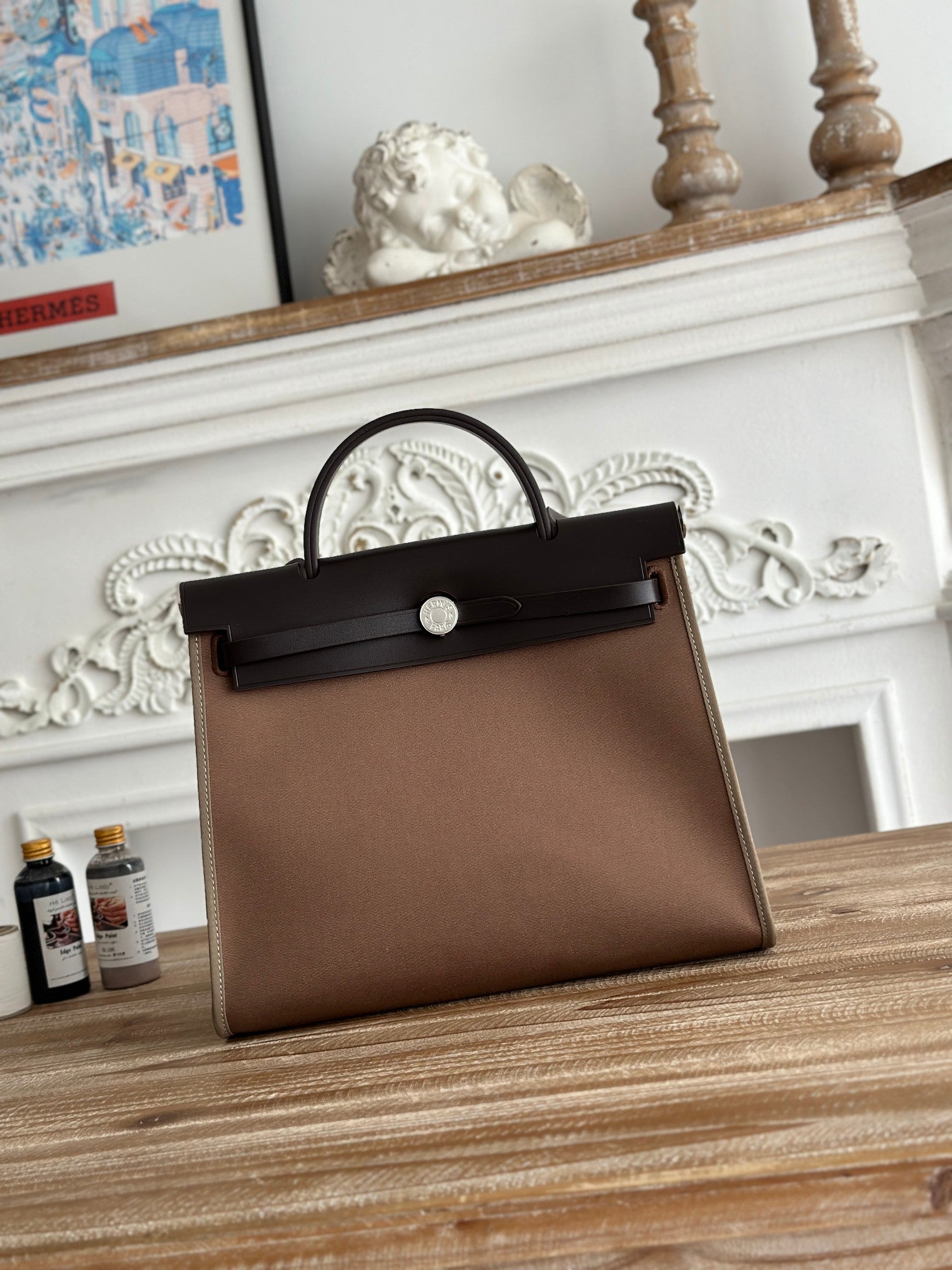 HERMES ZIP CABINE 31 BAG IN CHOCOLATE BROWN CANVAS AND BLACK CALFSKIN