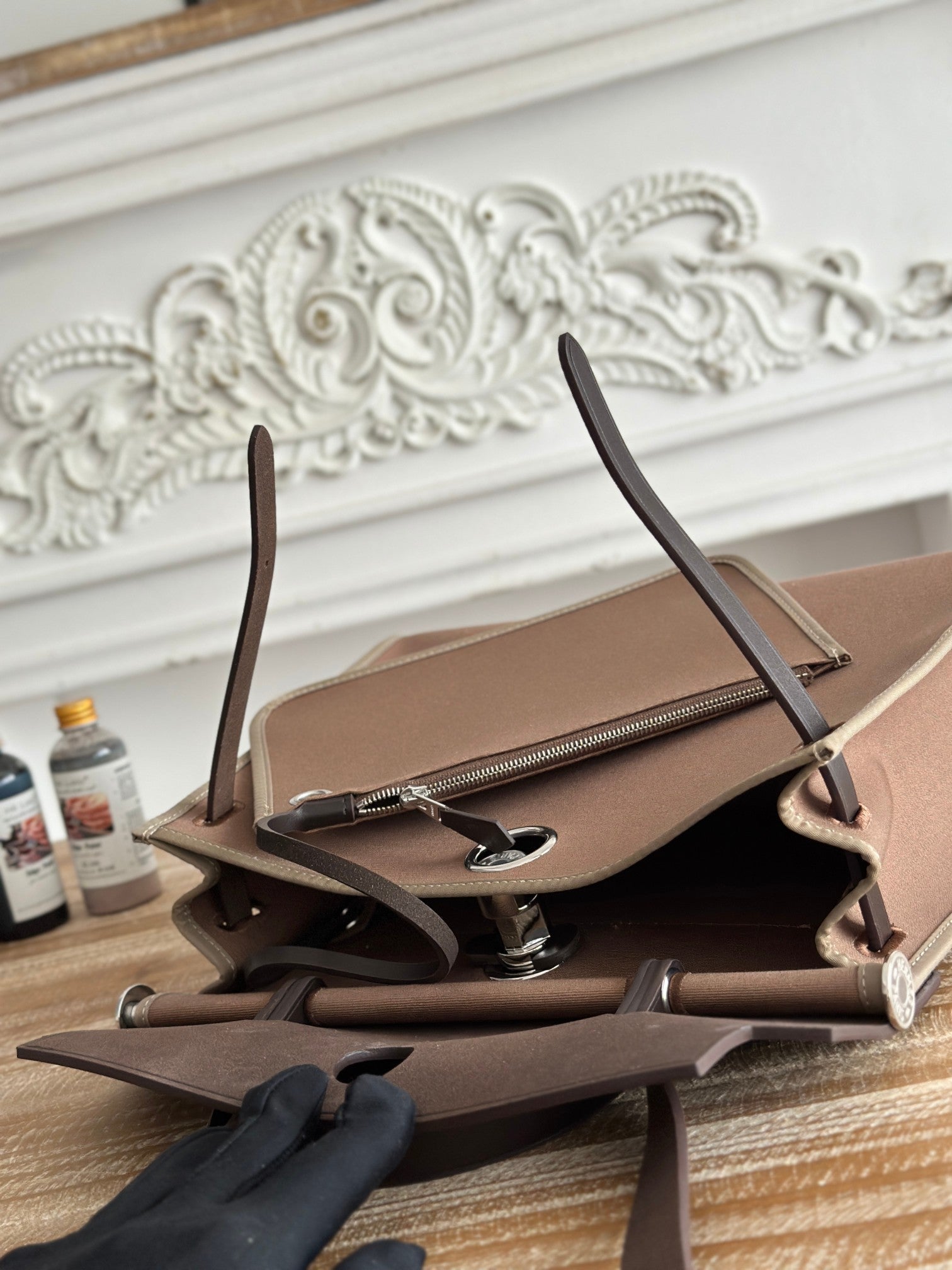 HERMES ZIP CABINE 31 BAG IN CHOCOLATE BROWN CANVAS AND BLACK CALFSKIN