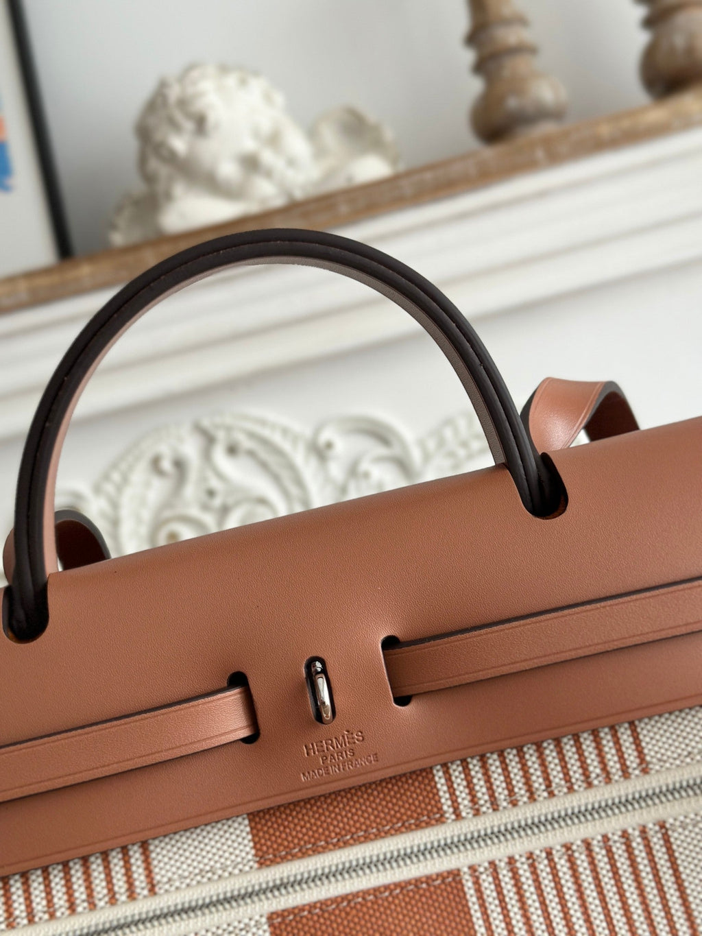 HERMES ZIP CABINE 31 BAG IN BRONZE BROWN MIX WHITE CANVAS AND CALFSKIN