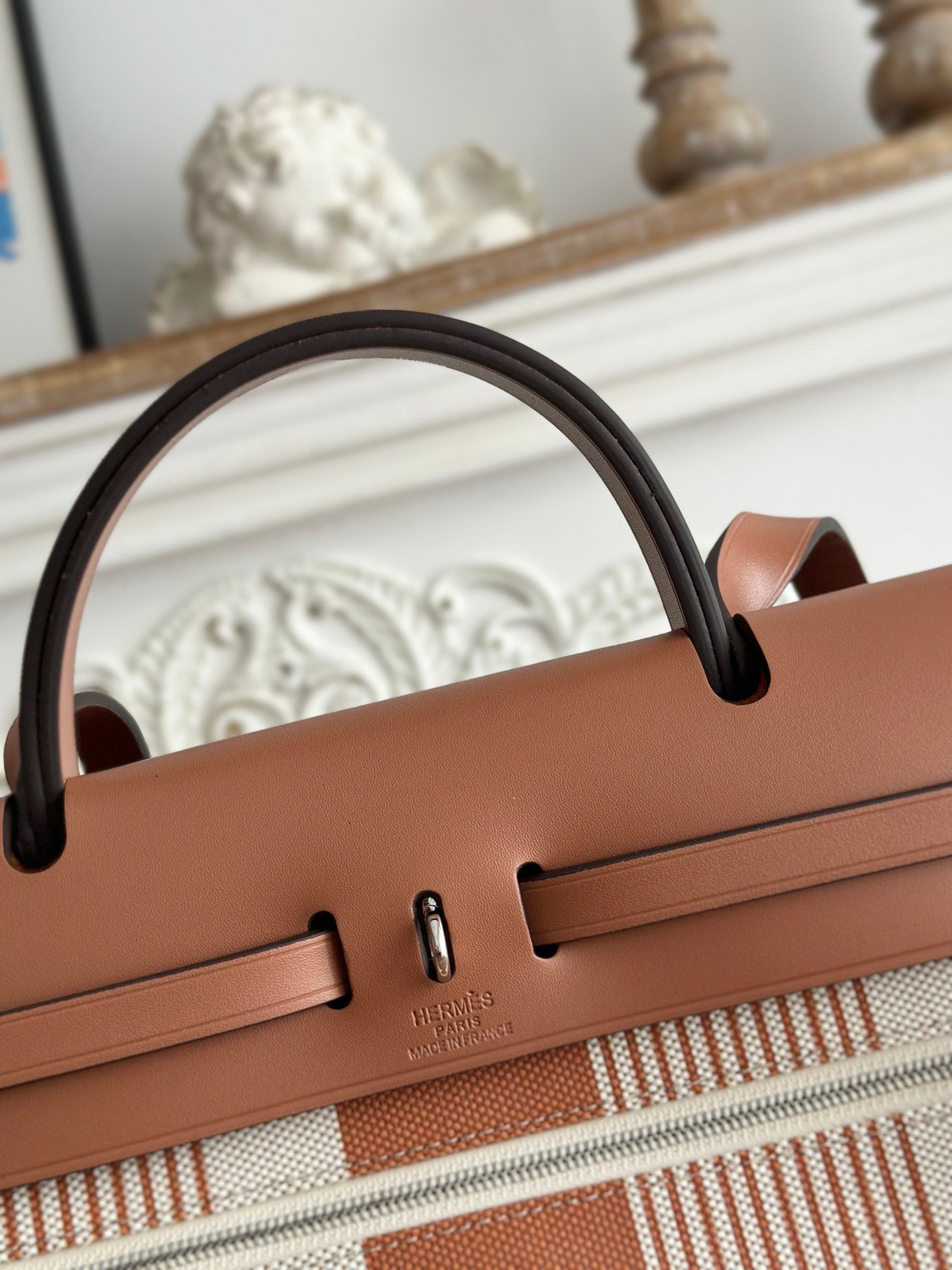 HERMES ZIP CABINE 31 BAG IN BRONZE BROWN MIX WHITE CANVAS AND CALFSKIN