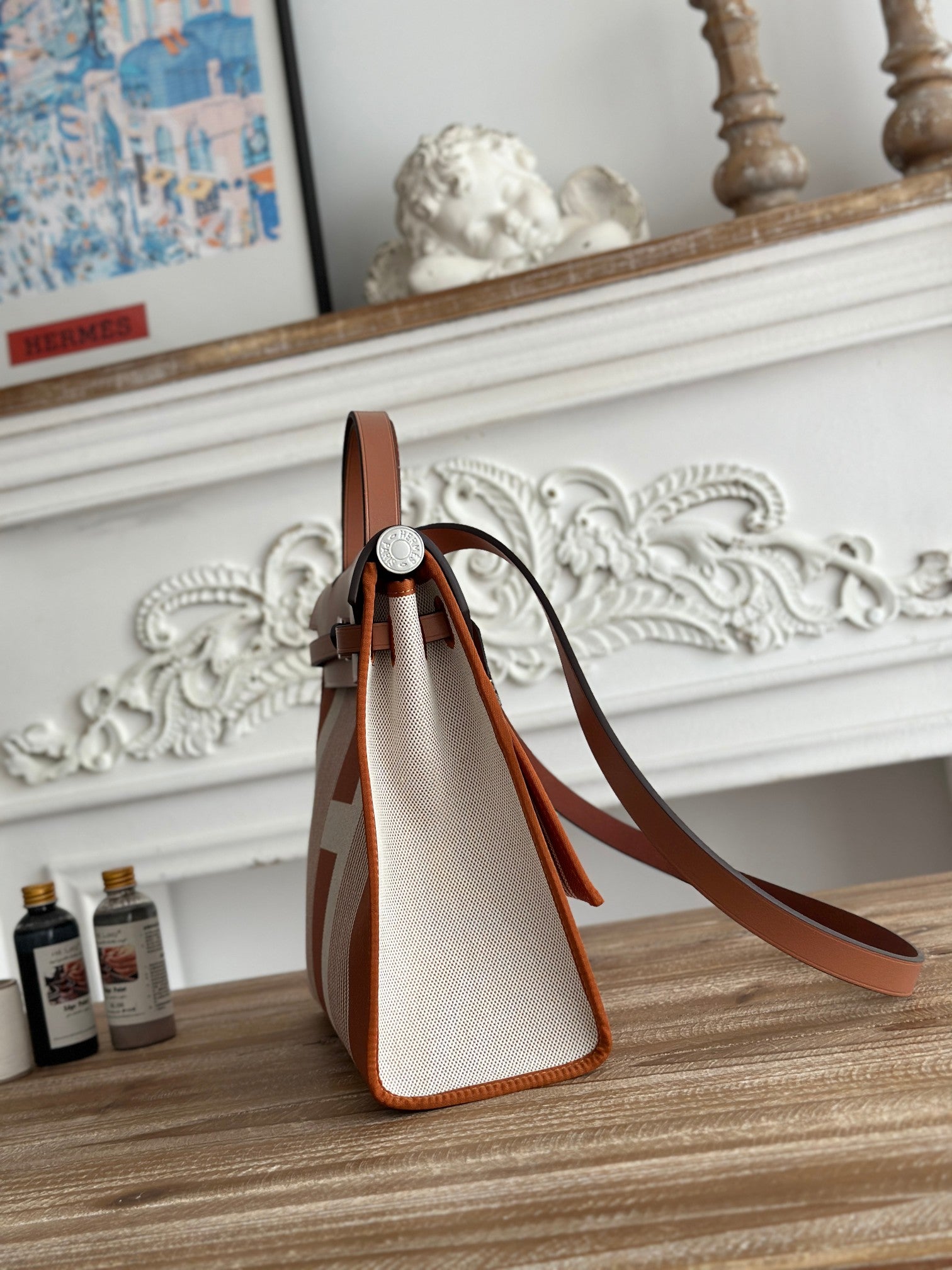 HERMES ZIP CABINE 31 BAG IN BRONZE BROWN MIX WHITE CANVAS AND CALFSKIN