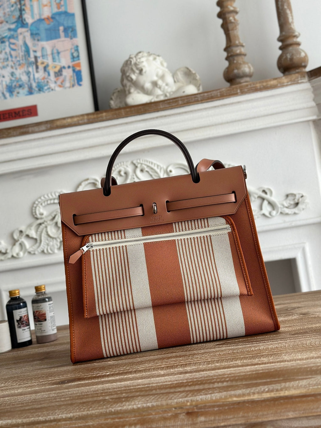 HERMES ZIP CABINE 31 BAG IN BRONZE BROWN MIX WHITE CANVAS AND CALFSKIN