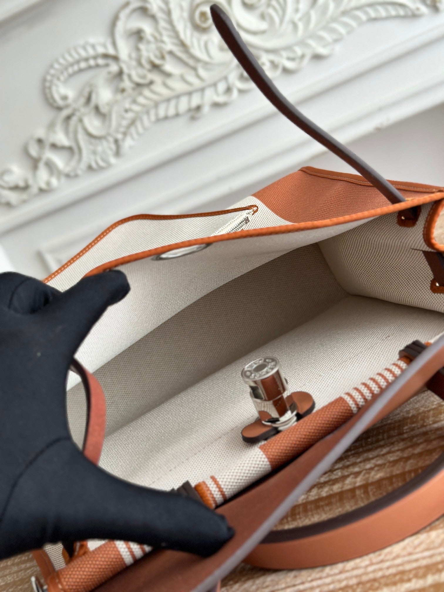 HERMES ZIP CABINE 31 BAG IN BRONZE BROWN MIX WHITE CANVAS AND CALFSKIN