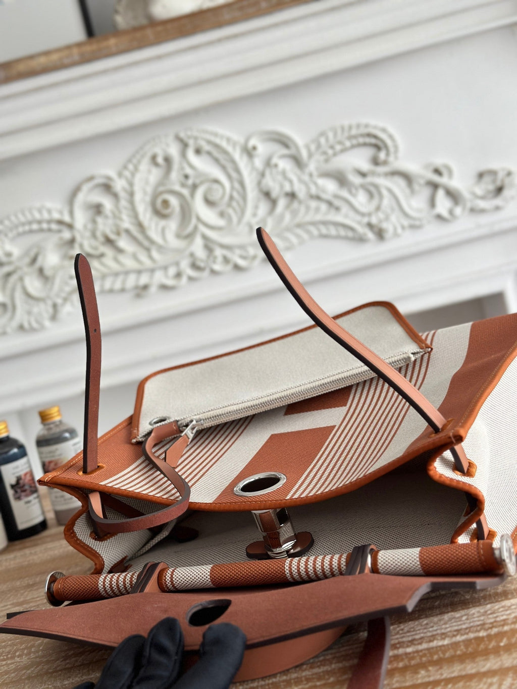 HERMES ZIP CABINE 31 BAG IN BRONZE BROWN MIX WHITE CANVAS AND CALFSKIN