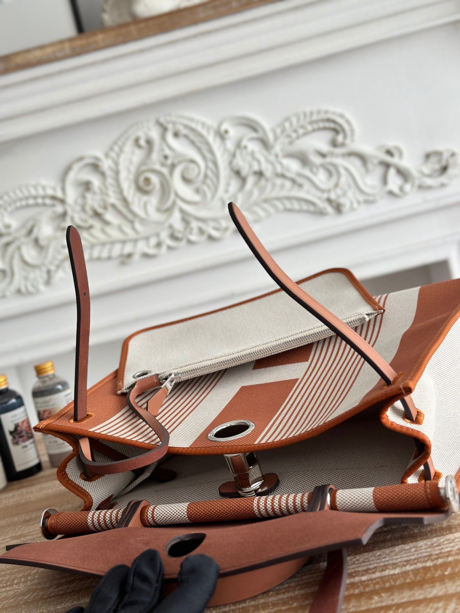HERMES ZIP CABINE 31 BAG IN BRONZE BROWN MIX WHITE CANVAS AND CALFSKIN