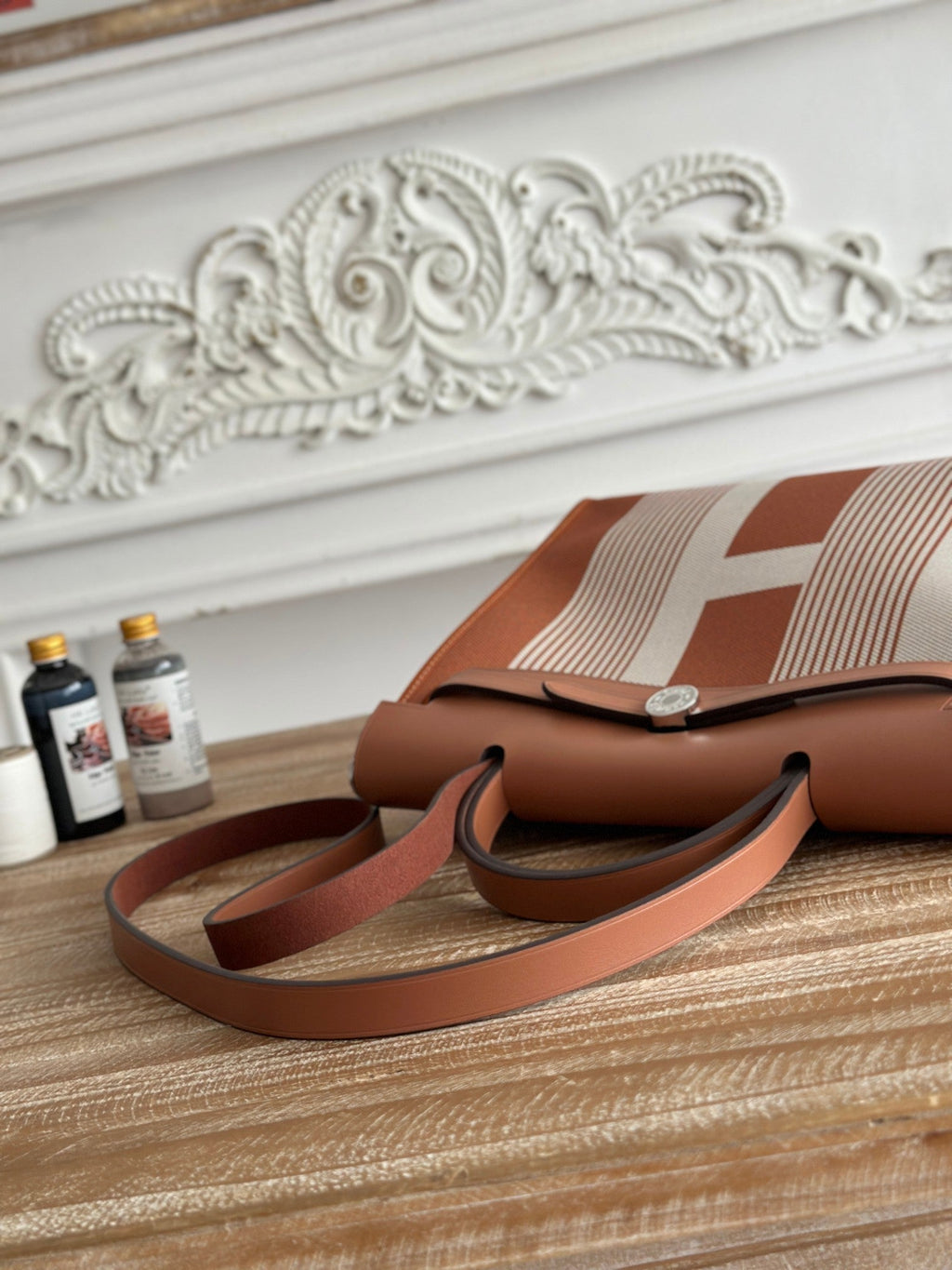 HERMES ZIP CABINE 31 BAG IN BRONZE BROWN MIX WHITE CANVAS AND CALFSKIN