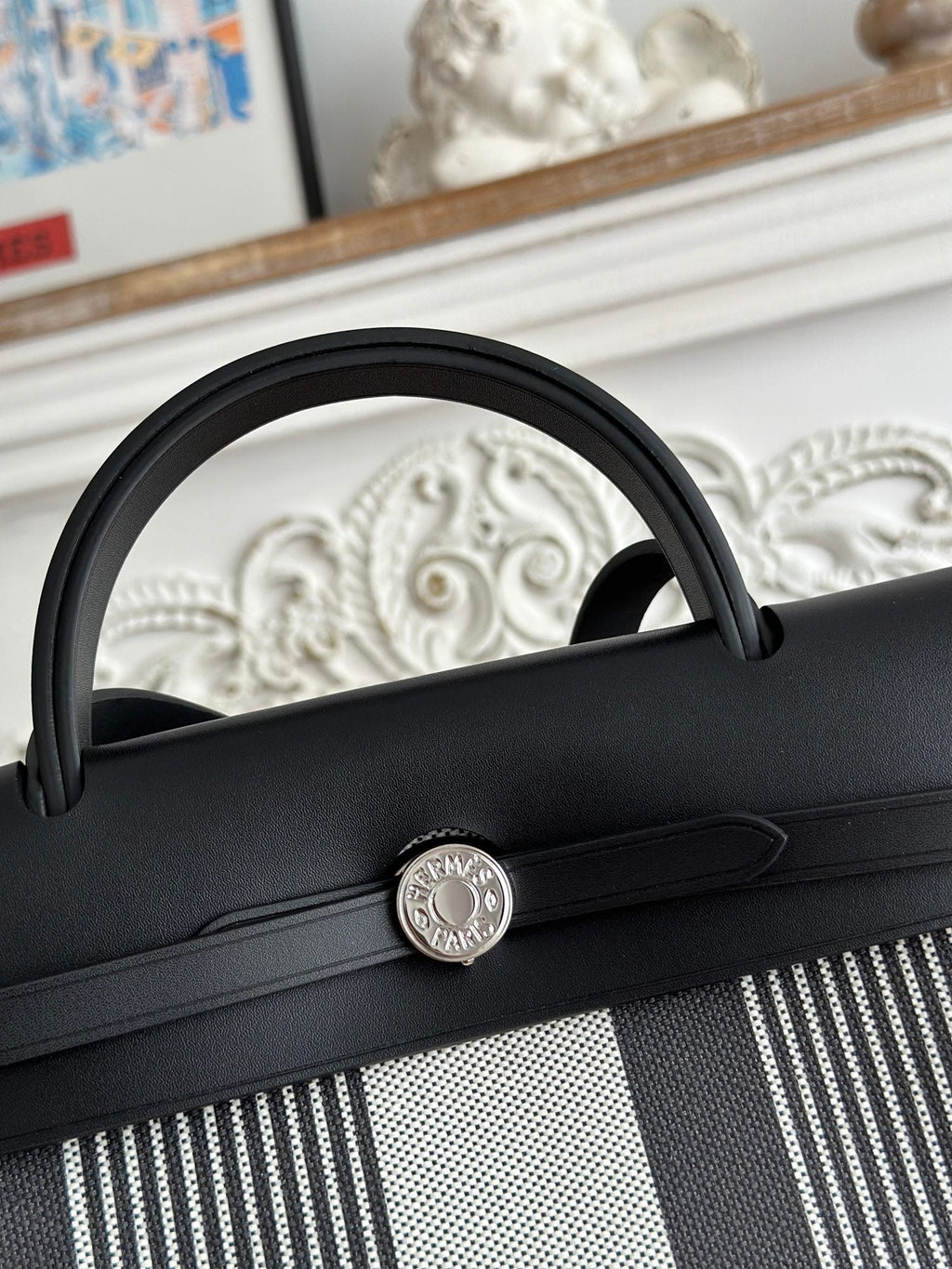 HERMES ZIP CABINE 31 BAG IN BLACK MIX WHITE CANVAS AND CALFSKIN