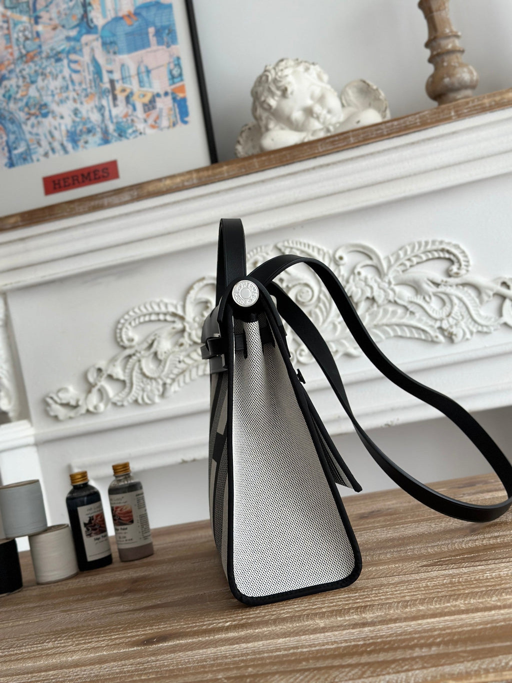 HERMES ZIP CABINE 31 BAG IN BLACK MIX WHITE CANVAS AND CALFSKIN