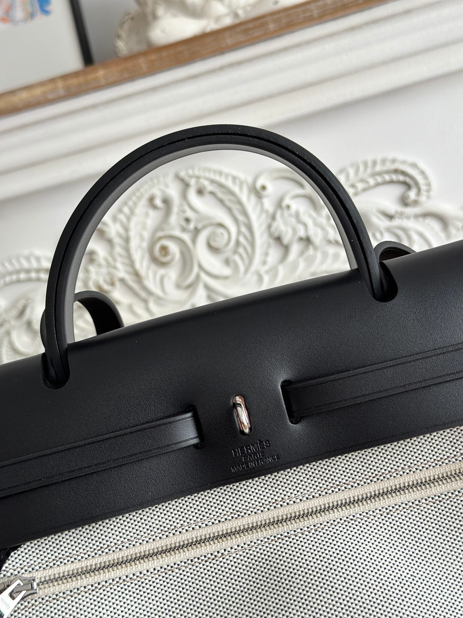 HERMES ZIP CABINE 31 BAG IN WHITE CANVAS AND BLACK CALFSKIN