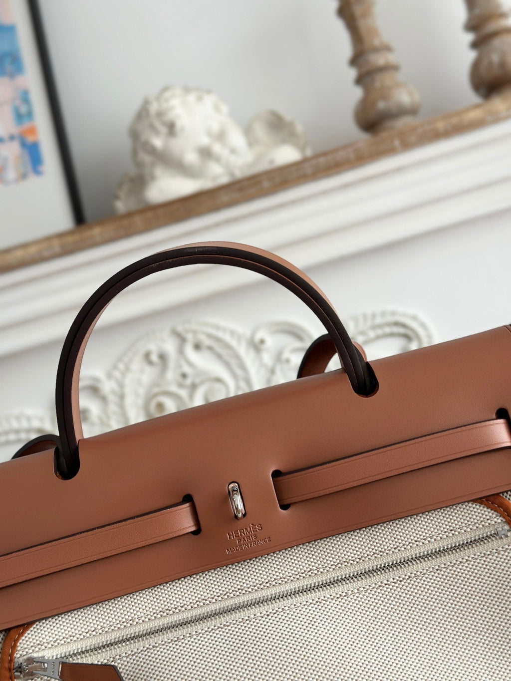 HERMES HERBAG ZIP 31 LAQUERED BAG IN OFF-WHITE MIX BROWN H PLUME CANVAS AND BROWN COWHIDE