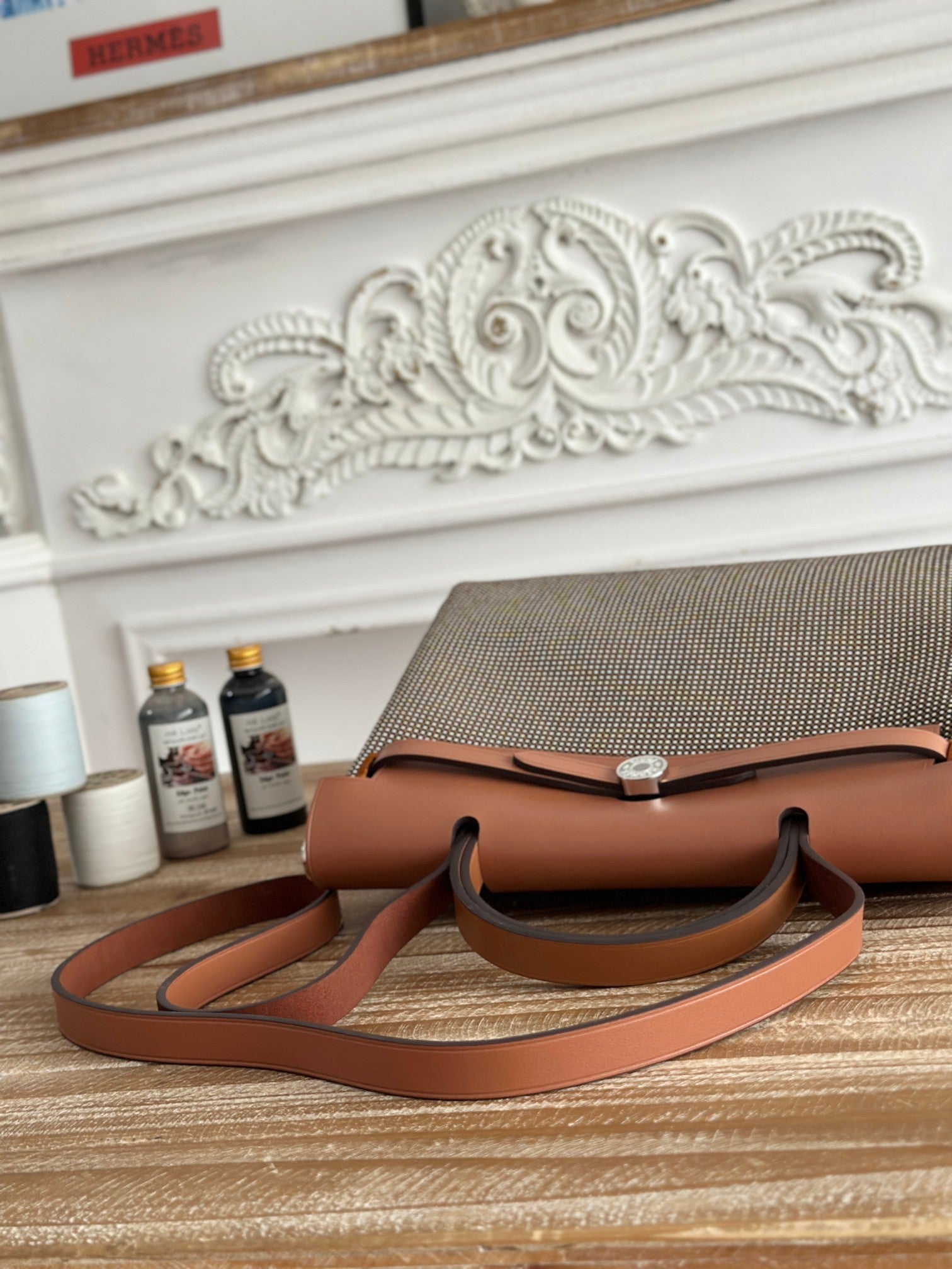 HERMES HERBAG MESSENGER 31 BAG IN DARK BROWN H VIKING CANVAS AND COWHIDE