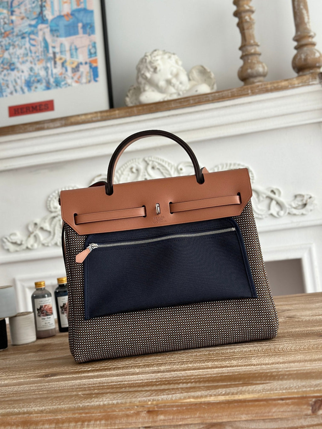 HERMES HERBAG MESSENGER 31 BAG IN DARK BROWN H VIKING CANVAS AND COWHIDE