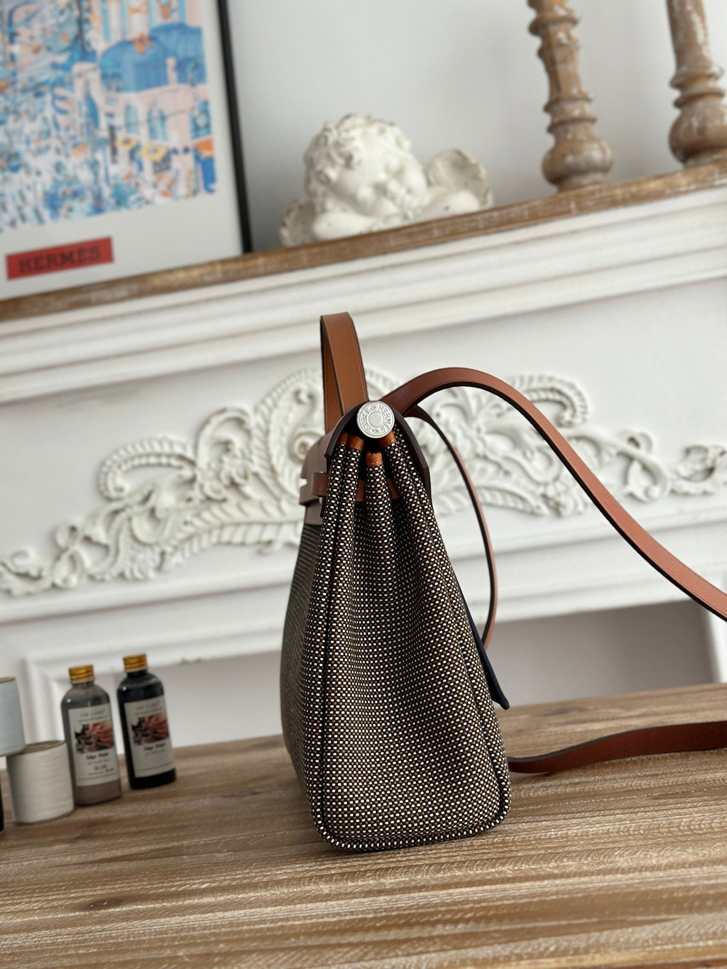 HERMES HERBAG MESSENGER 31 BAG IN DARK BROWN H VIKING CANVAS AND COWHIDE