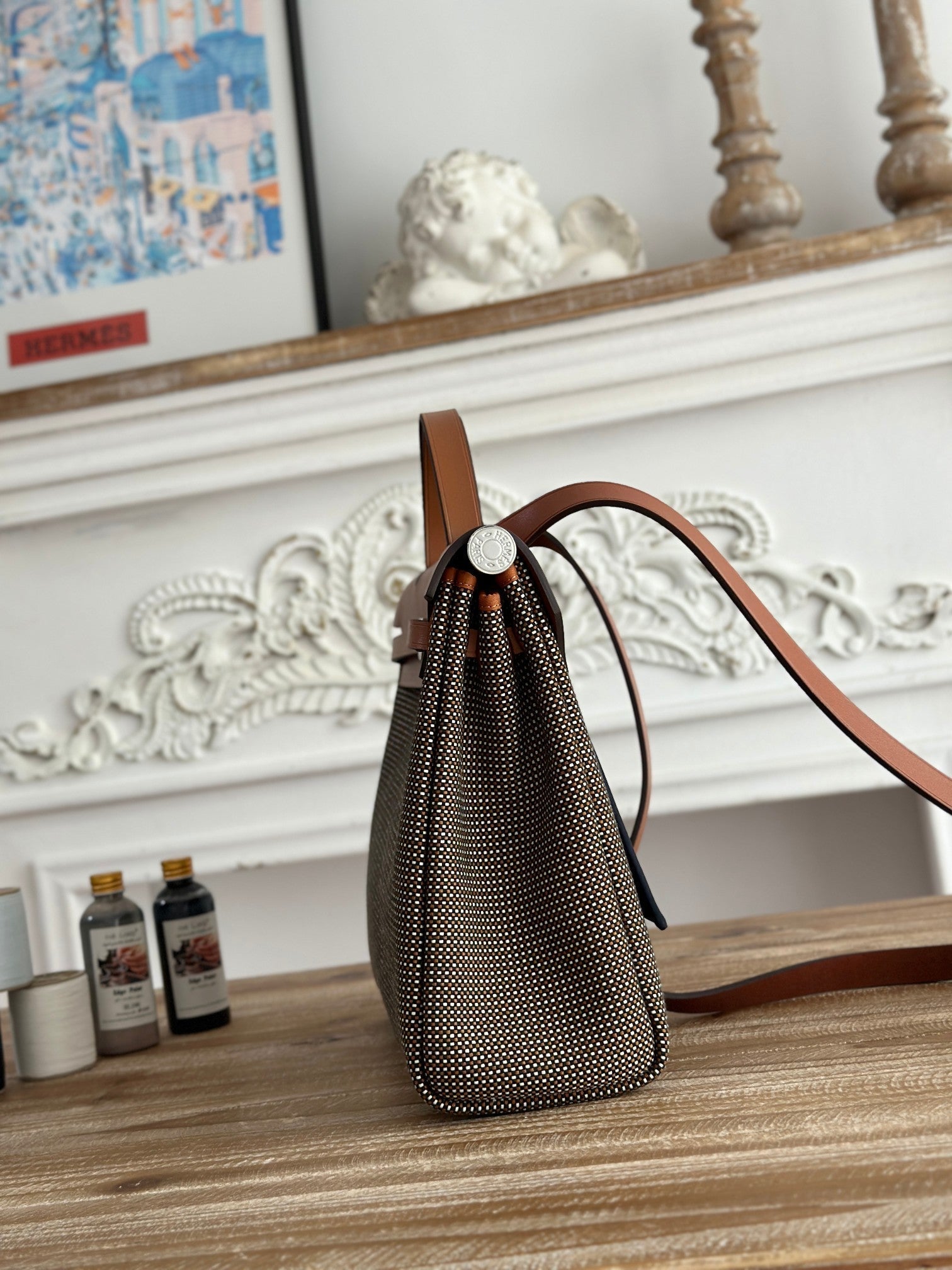 HERMES HERBAG MESSENGER 31 BAG IN DARK BROWN H VIKING CANVAS AND COWHIDE