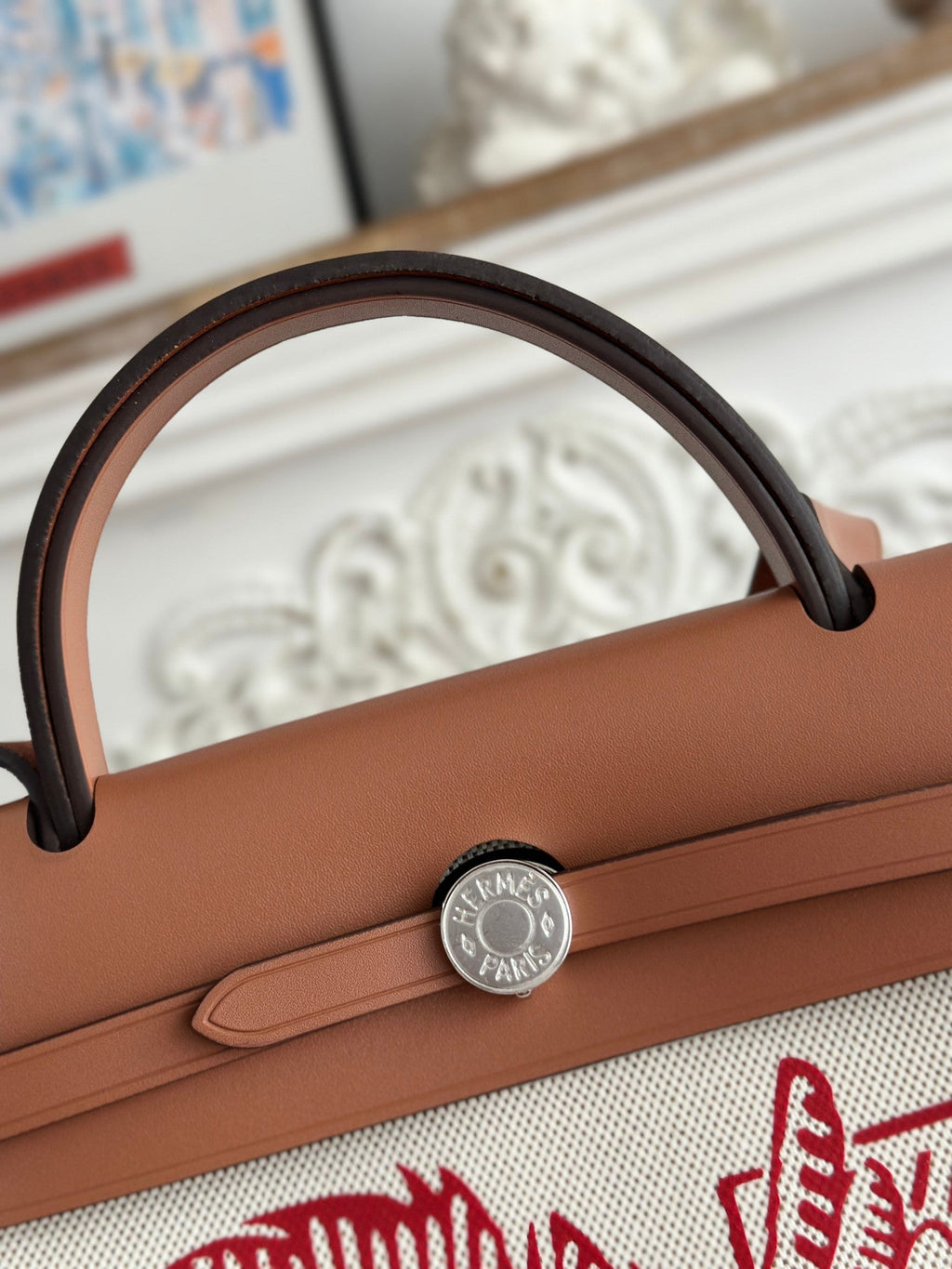 HERMES HERBAG ZIP 31 RETOURNE PEGASE POP BAG IN OFF-WHITE MIX RED CANVAS AND HUNTER COWHIDE