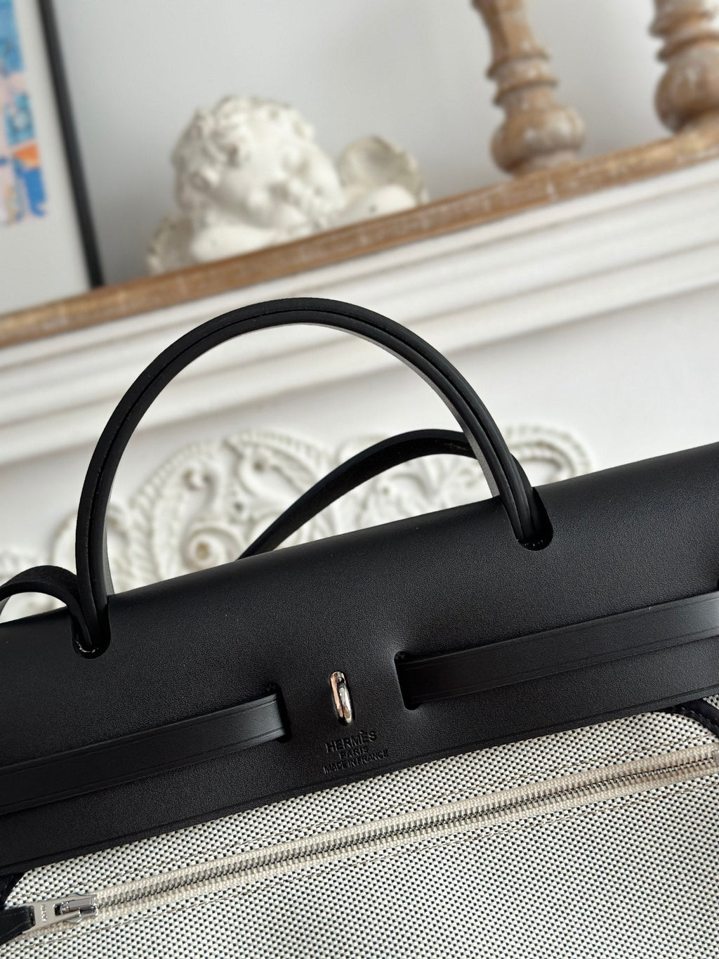 HERMES HERBAG ZIP 31 LAQUERED BAG IN OFF-WHITE MIX BLACK H PLUME CANVAS