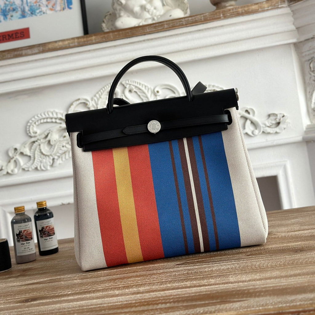 HERMES HERBAG ZIP 31 LAQUERED BAG IN BLUE MIX RED H PLUME CANVAS