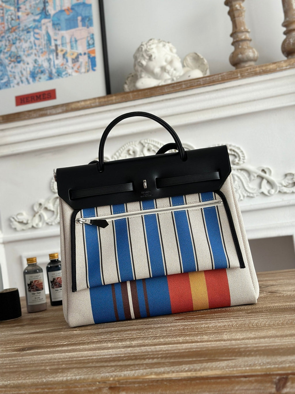 HERMES HERBAG ZIP 31 LAQUERED BAG IN BLUE MIX RED H PLUME CANVAS