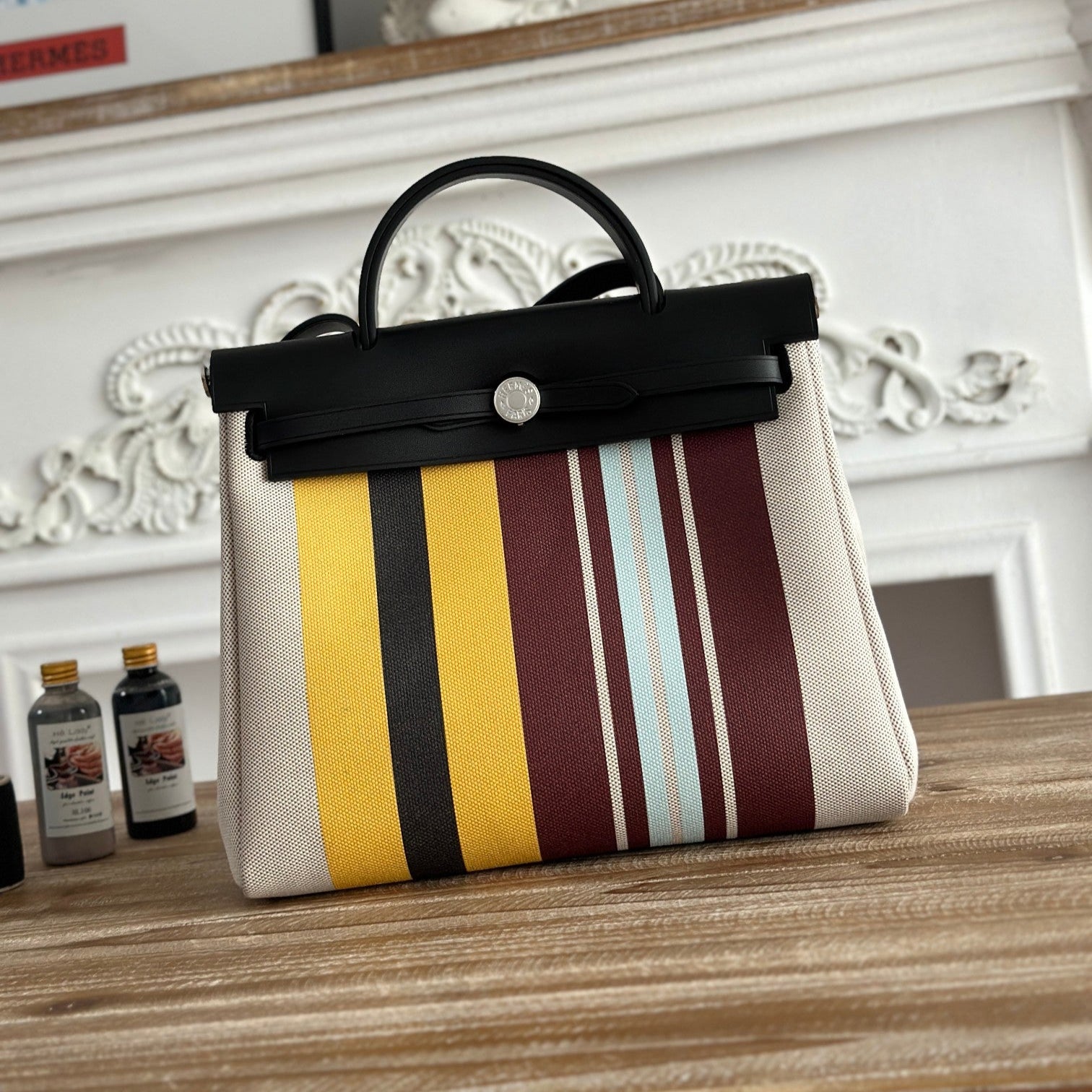 HERMES HERBAG ZIP 31 LAQUERED BAG IN BROWN MIX YELLOW H PLUME CANVAS