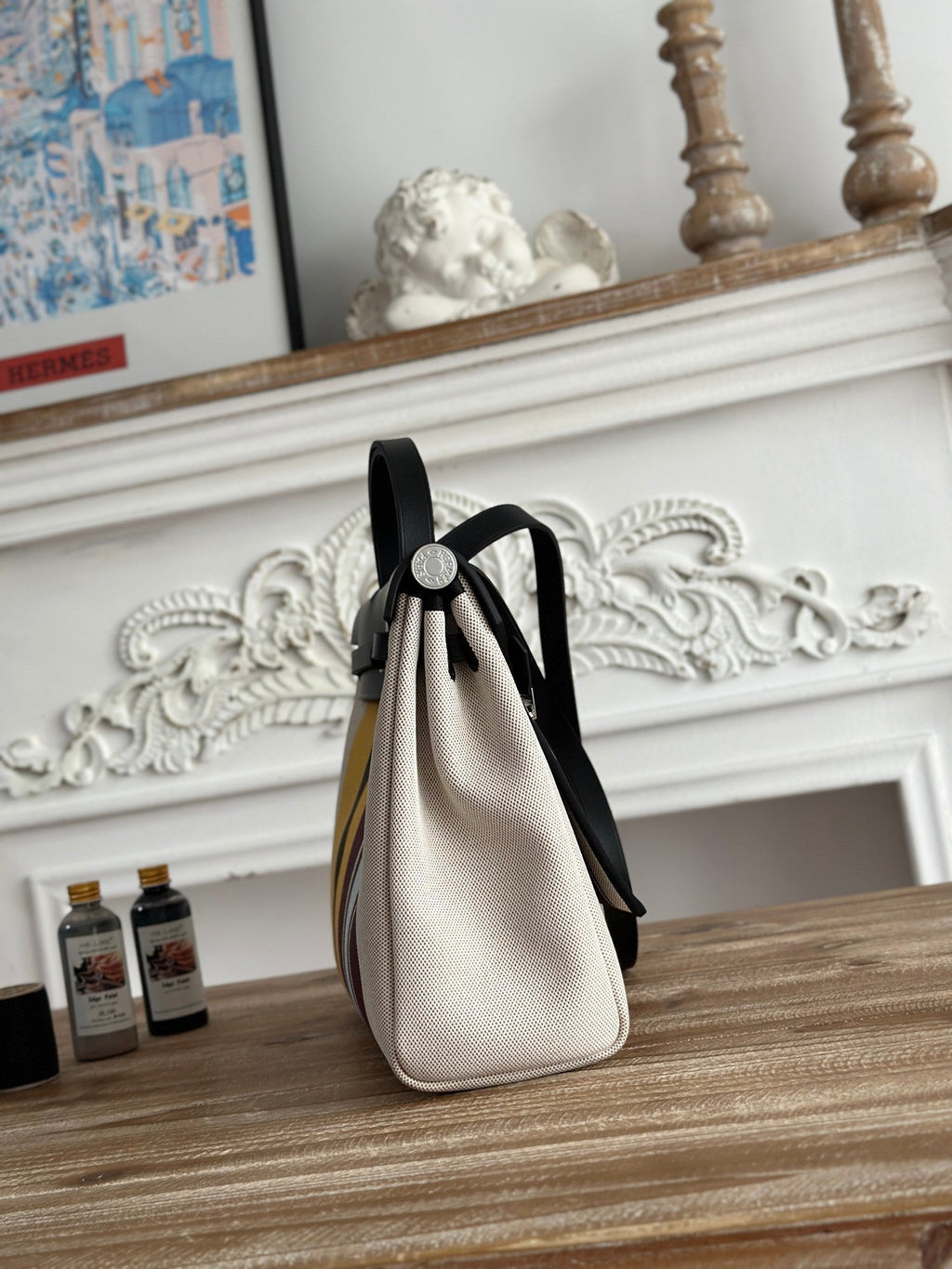 HERMES HERBAG ZIP 31 LAQUERED BAG IN BROWN MIX YELLOW H PLUME CANVAS