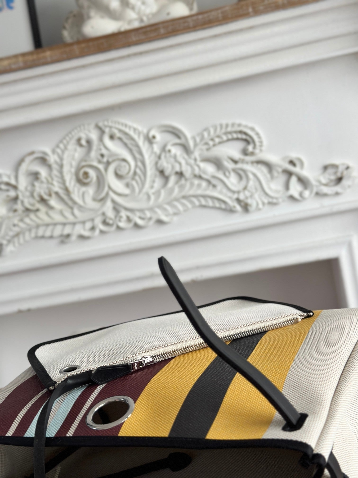 HERMES HERBAG ZIP 31 LAQUERED BAG IN BROWN MIX YELLOW H PLUME CANVAS