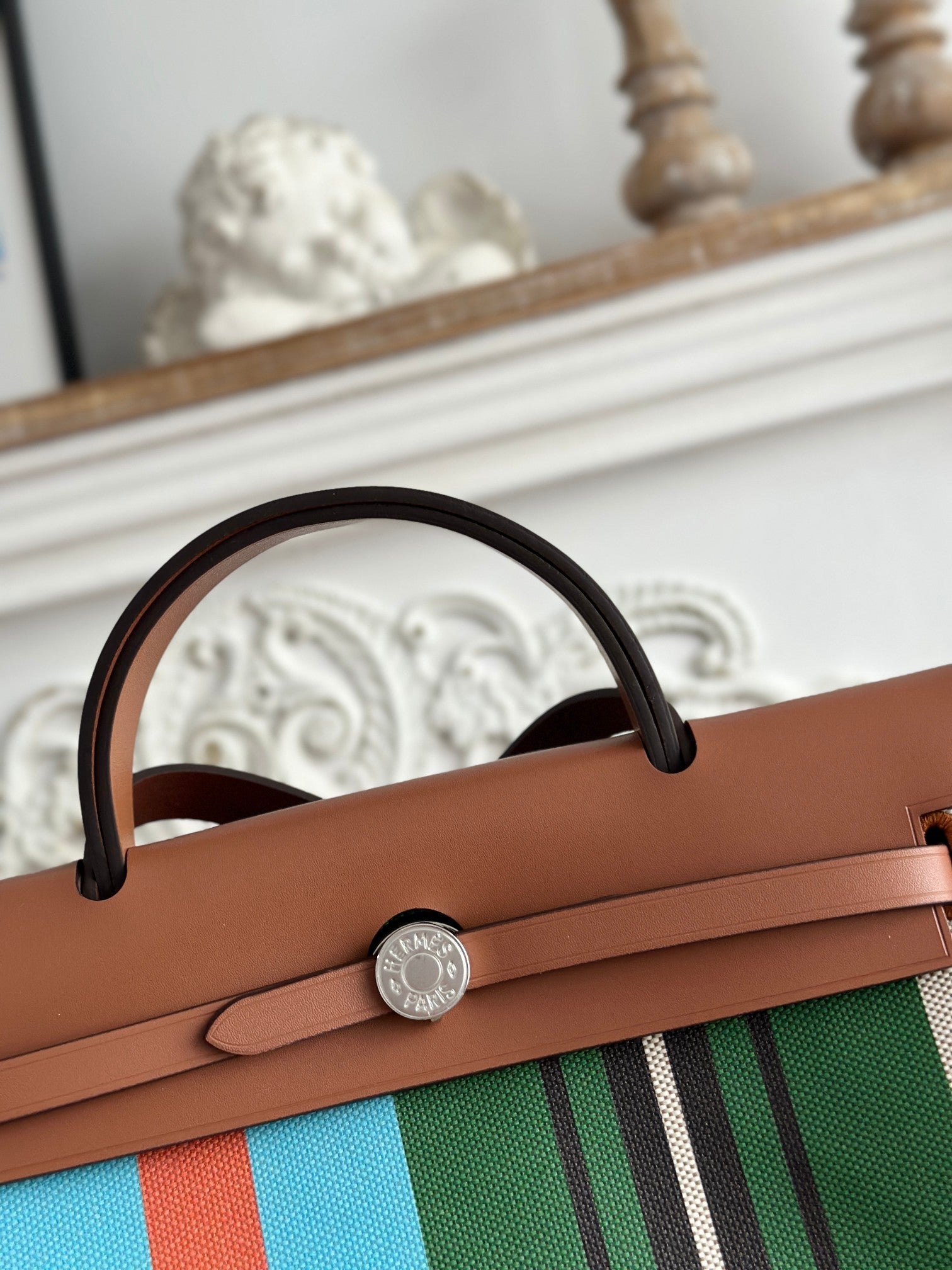 HERMES HERBAG ZIP 31 LAQUERED BAG IN GREEN MIX BLUE H PLUME CANVAS