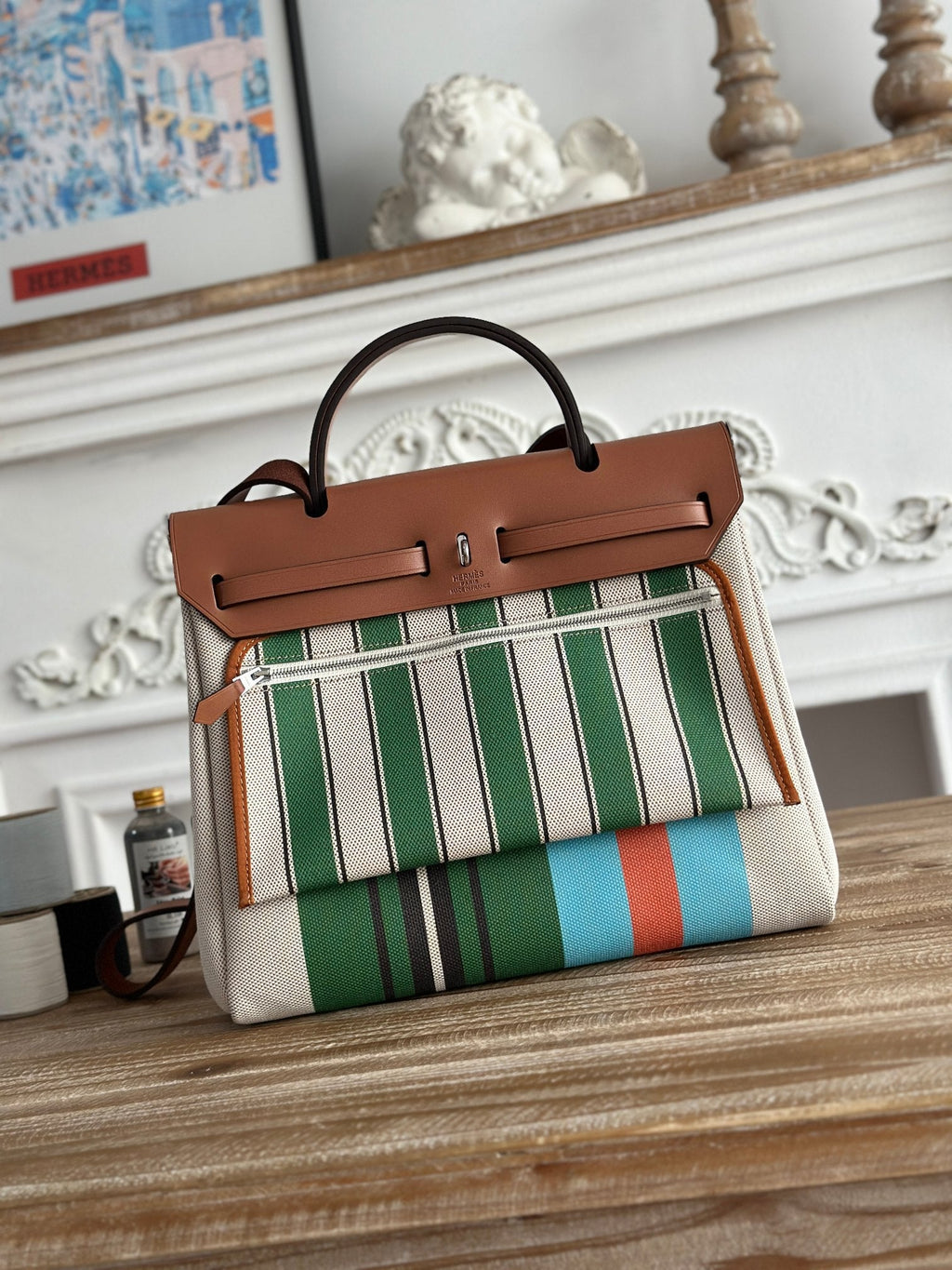 HERMES HERBAG ZIP 31 LAQUERED BAG IN GREEN MIX BLUE H PLUME CANVAS