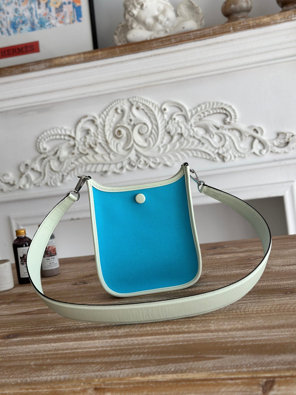 HERMES MINI NEO 17 EVELYNE BAG IN SKY BLUE CANVAS AND WHITE CALFSKIN