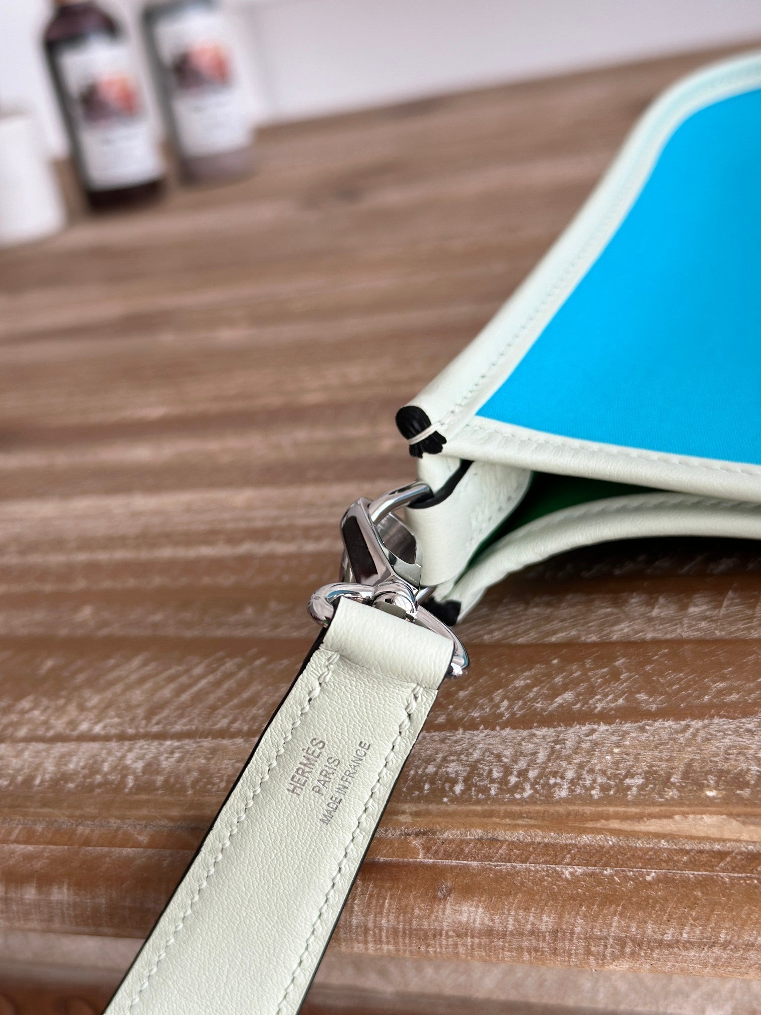 HERMES MINI NEO 17 EVELYNE BAG IN SKY BLUE CANVAS AND WHITE CALFSKIN