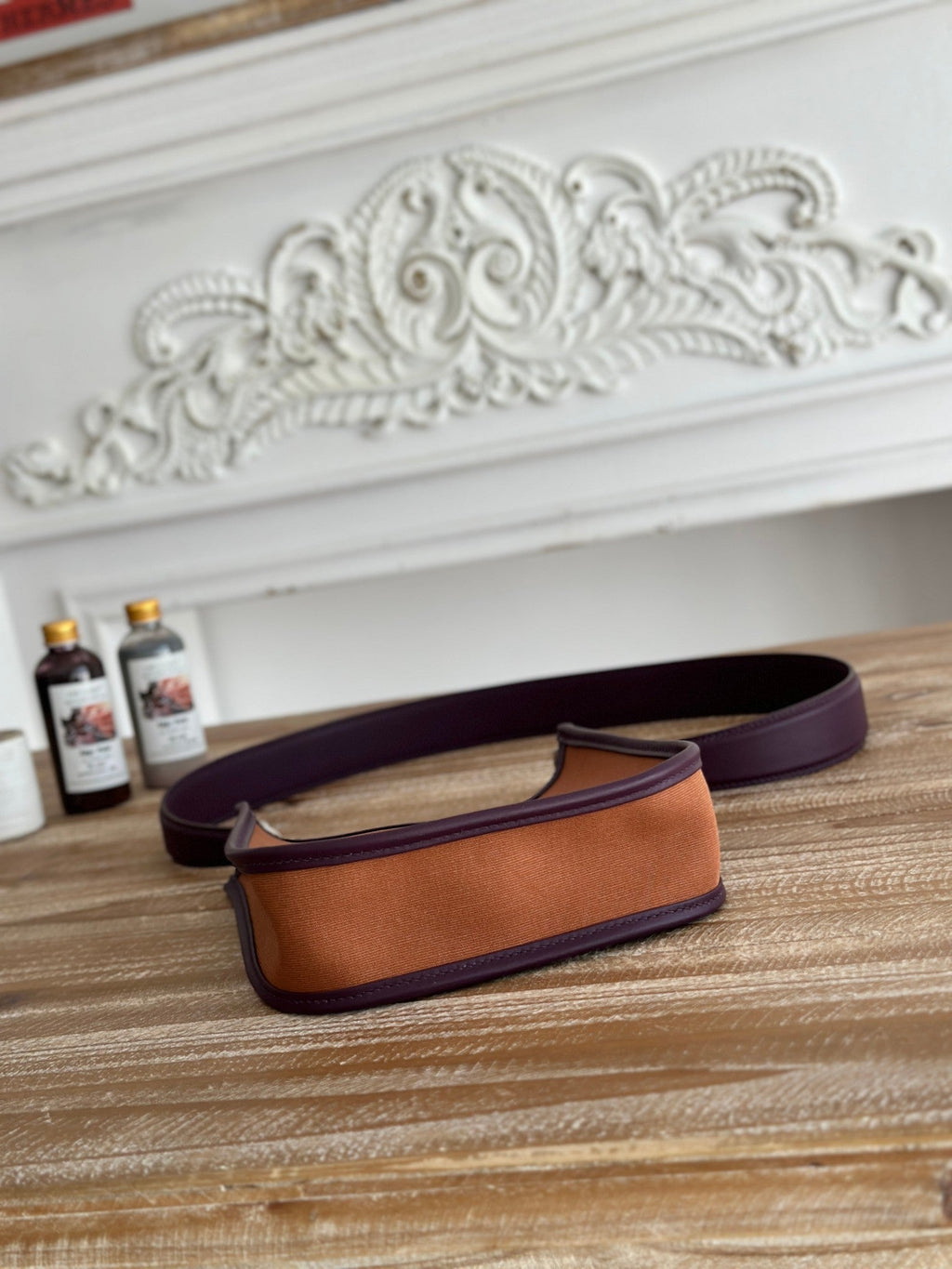 HERMES MINI NEO 17 EVELYNE BAG IN BRONZE BROWN CANVAS AND PLUM PURPLE CALFSKIN