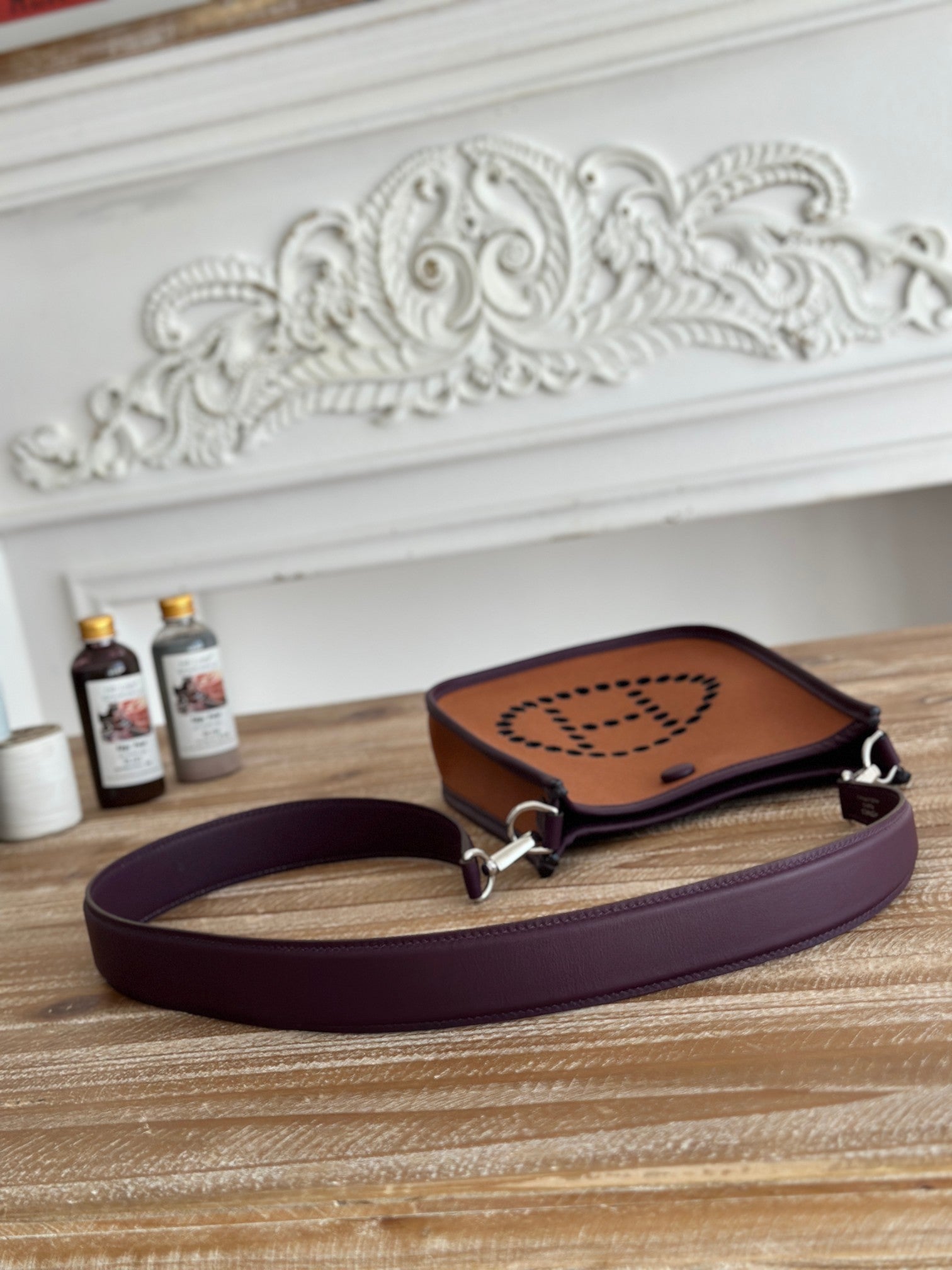HERMES MINI NEO 17 EVELYNE BAG IN BRONZE BROWN CANVAS AND PLUM PURPLE CALFSKIN