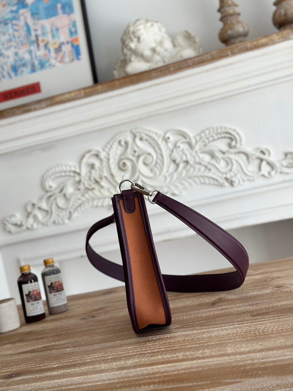 HERMES MINI NEO 17 EVELYNE BAG IN BRONZE BROWN CANVAS AND PLUM PURPLE CALFSKIN