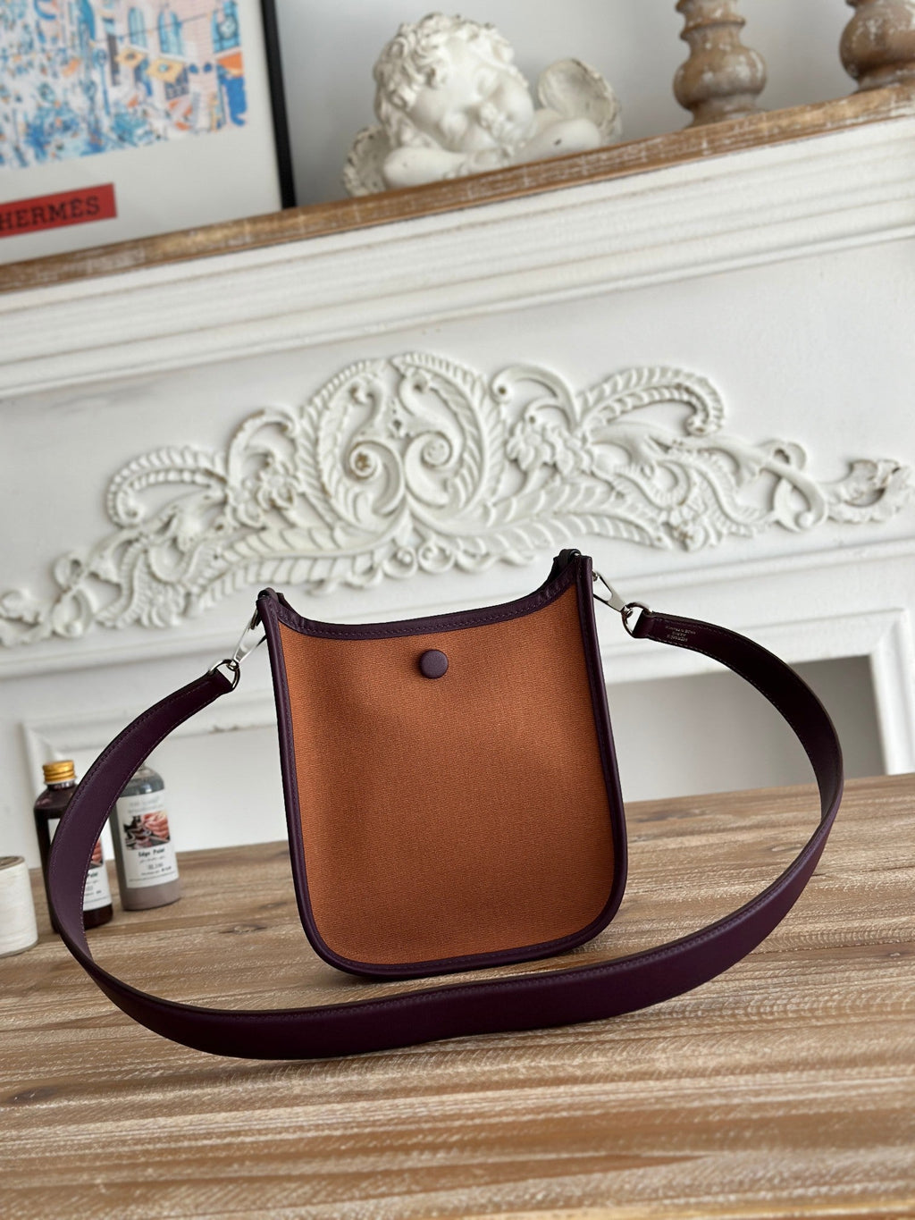HERMES MINI NEO 17 EVELYNE BAG IN BRONZE BROWN CANVAS AND PLUM PURPLE CALFSKIN