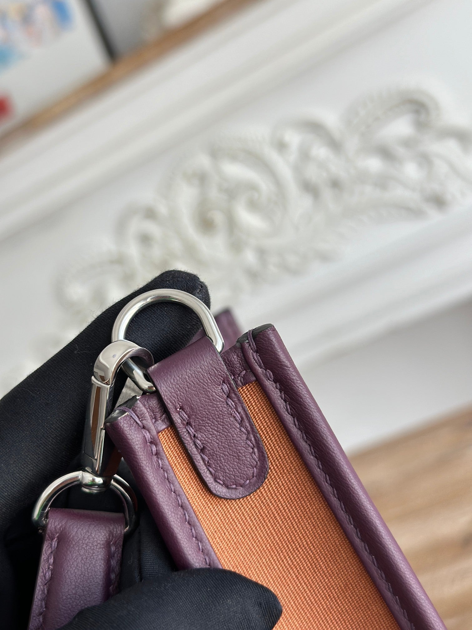HERMES MINI NEO 17 EVELYNE BAG IN BRONZE BROWN CANVAS AND PLUM PURPLE CALFSKIN