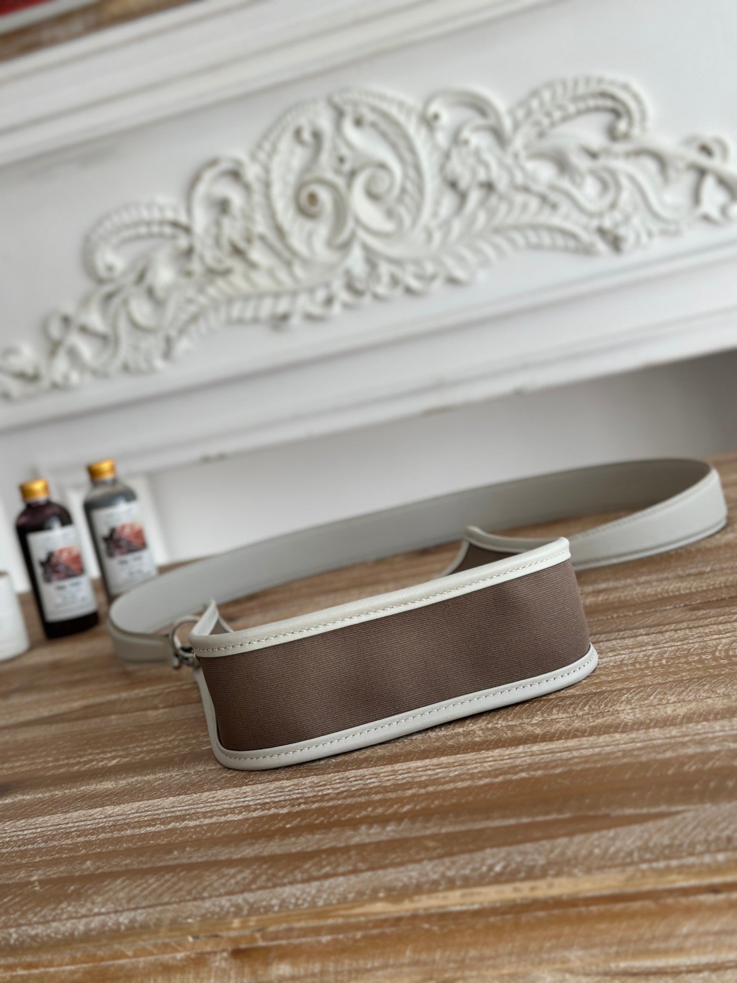 HERMES MINI NEO 17 EVELYNE BAG IN WENGE BROWN CANVAS AND WHITE CALFSKIN