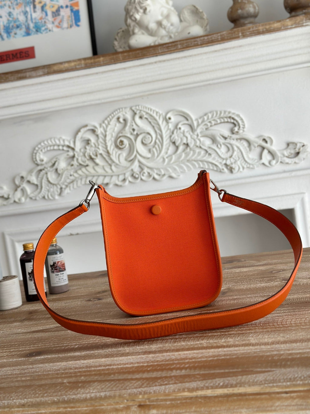 HERMES MINI NEO 17 EVELYNE BAG IN FIRE ORANGE CANVAS AND CALFSKIN