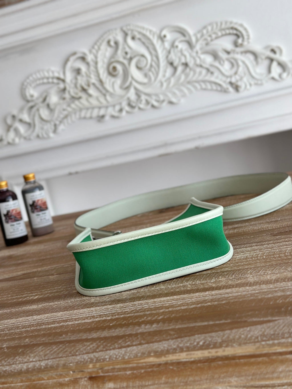 HERMES MINI NEO 17 EVELYNE BAG IN EMERALD GREEN CANVAS AND WHITE CALFSKIN