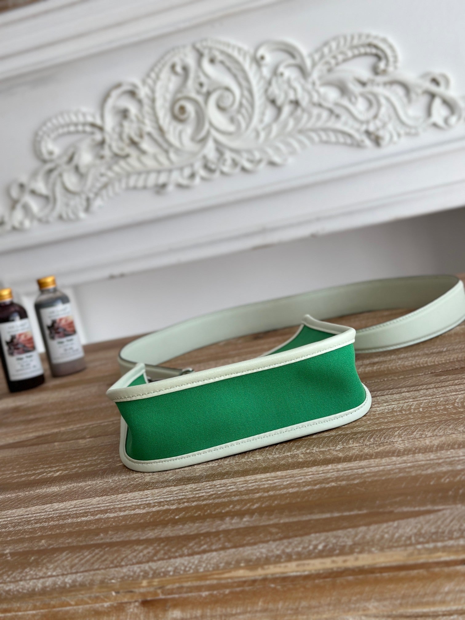 HERMES MINI NEO 17 EVELYNE BAG IN EMERALD GREEN CANVAS AND WHITE CALFSKIN