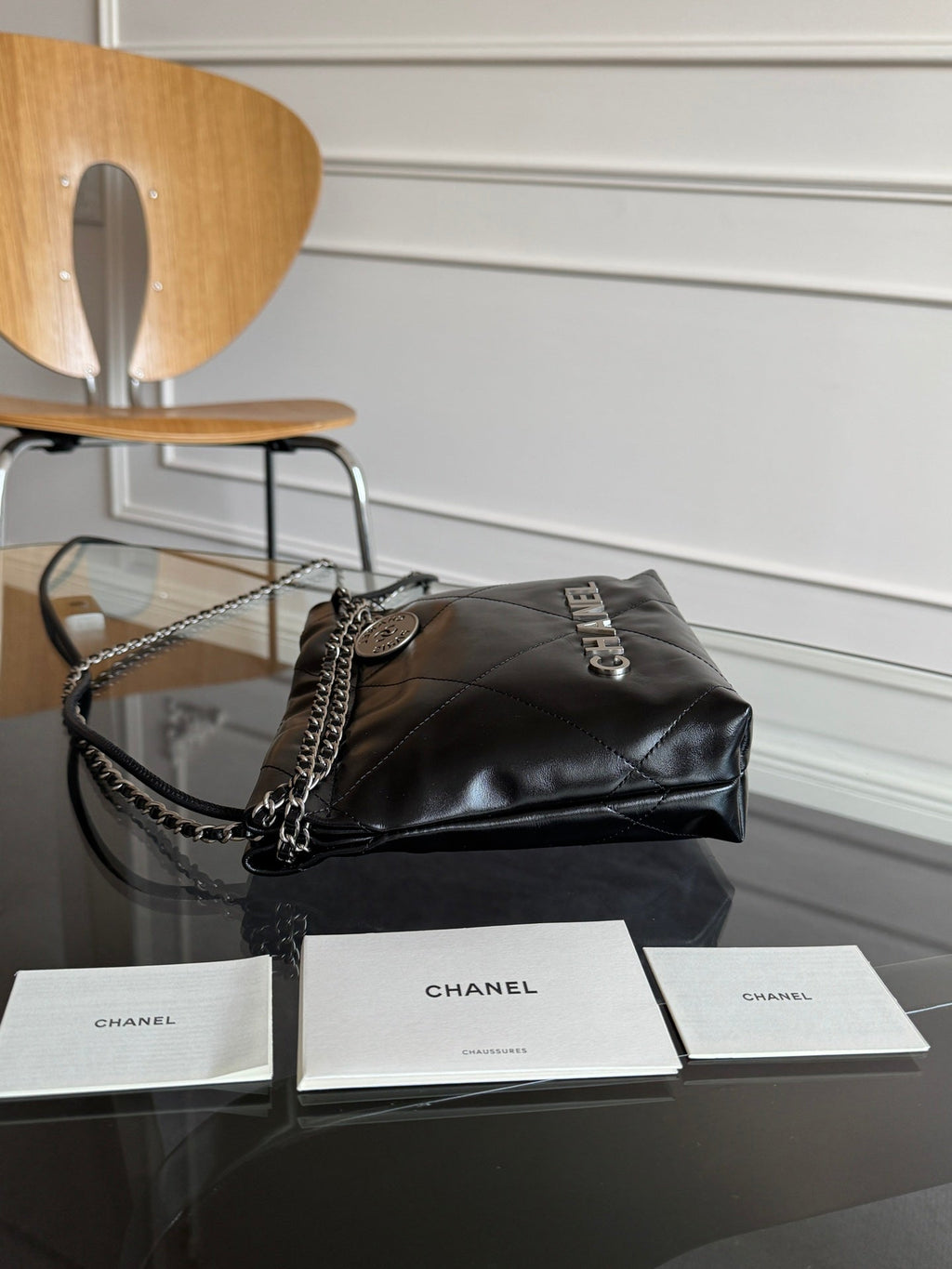 CHANEL MINI HOBO HANDBAG 20 IN BLACK CALFSKIN SILVER-TONE HARDWARE
