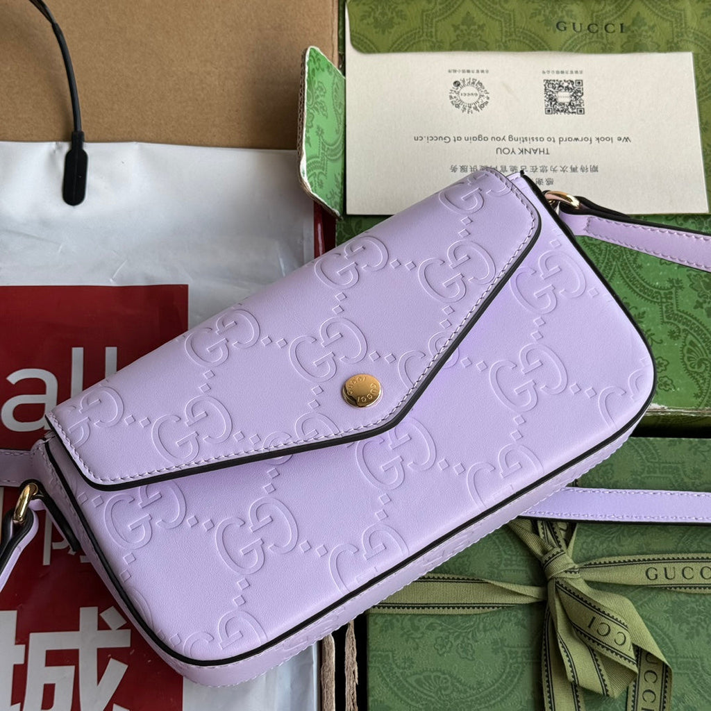 GUCCI SUPER MINI SHOULDER BAG 21 IN LIGHT VIOLET EMBOSSED CALFSKIN