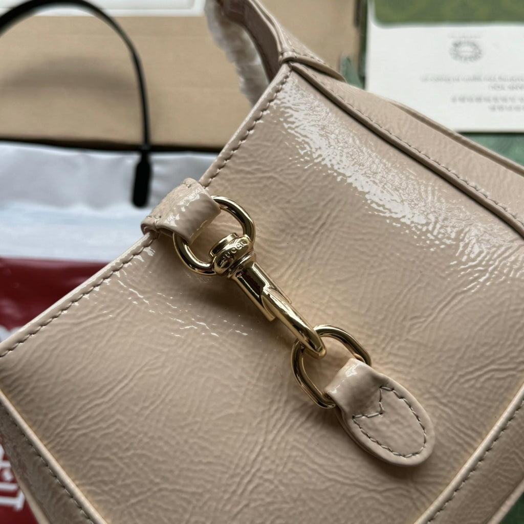 GUCCI JACKIE NOTTE MINI BAG 19 IN BEIGE CRACKED LACQUER CALFSKIN GOLD HARDWARE