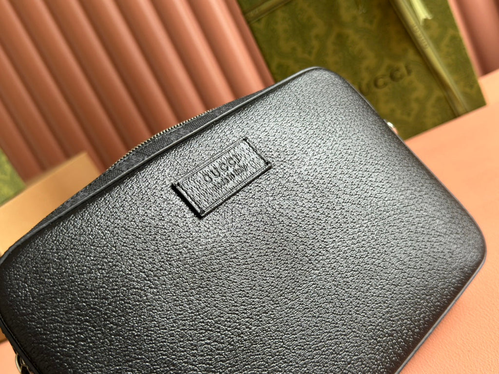 GUCCI SMALL CROSSBODY BAG 24 WITH TAG IN BLACK CALFSKIN AND CANVAS TRIM