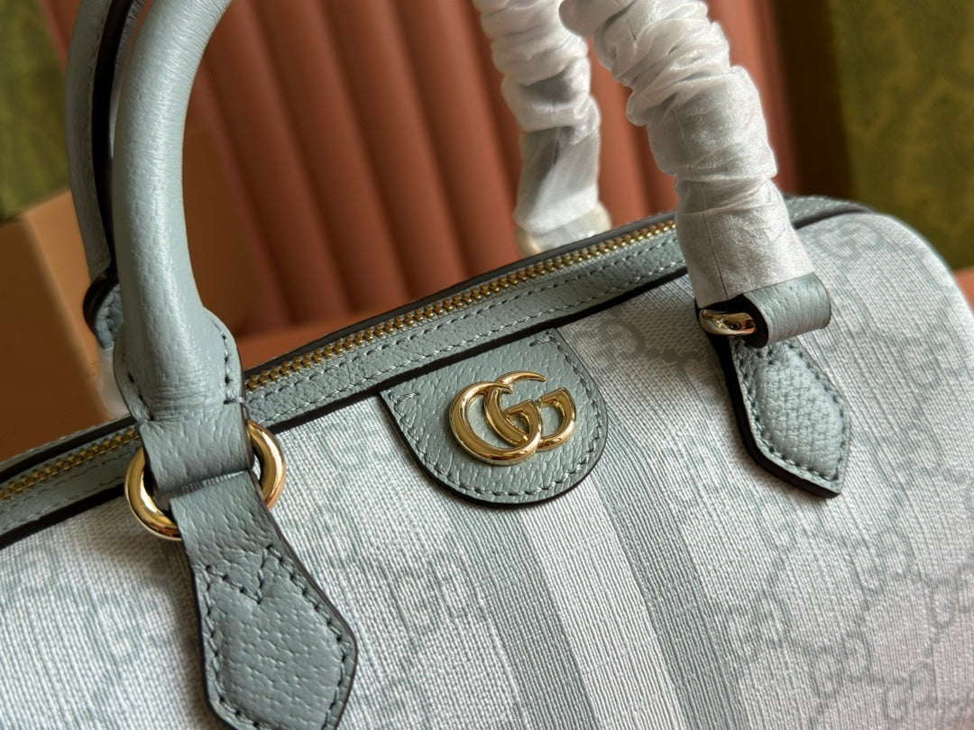 GUCCI OPHIDIA TOP HANDLE BAG 21 IN GREY-GREEN MONOGRAM CANVAS AND CALFSKIN TRIM GOLD HARDWARE