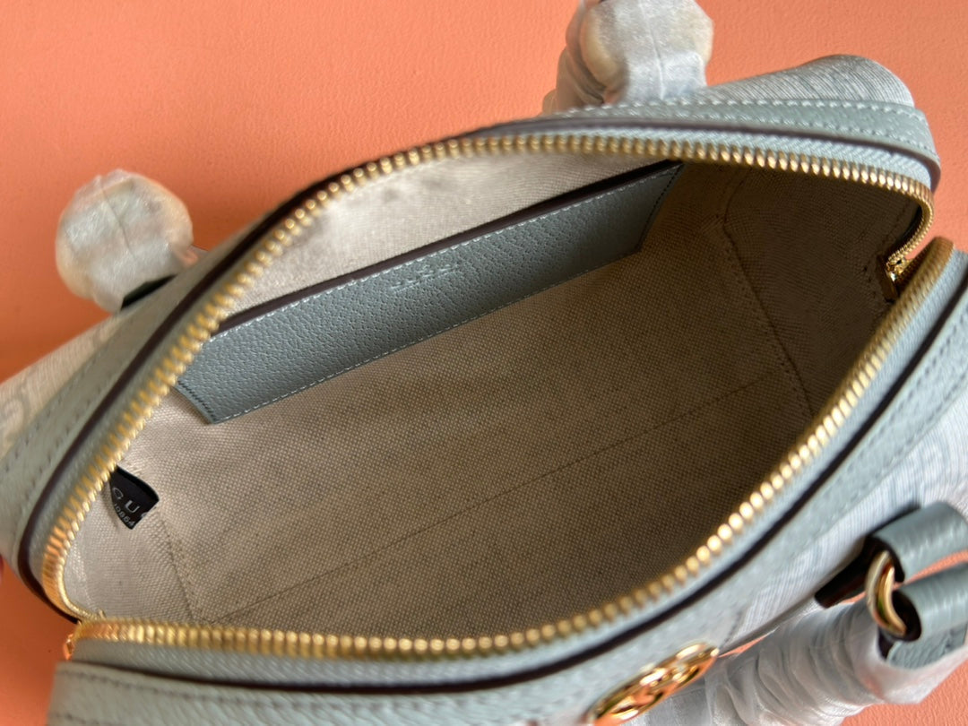 GUCCI OPHIDIA TOP HANDLE BAG 21 IN GREY-GREEN MONOGRAM CANVAS AND CALFSKIN TRIM GOLD HARDWARE