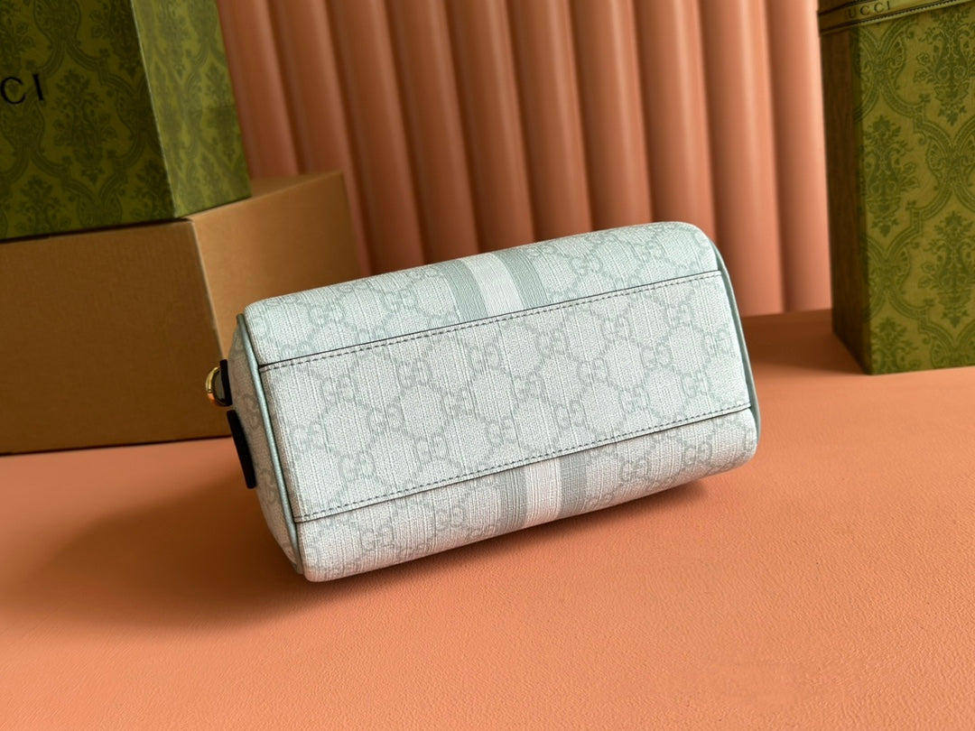 GUCCI OPHIDIA TOP HANDLE BAG 21 IN GREY-GREEN MONOGRAM CANVAS AND CALFSKIN TRIM GOLD HARDWARE