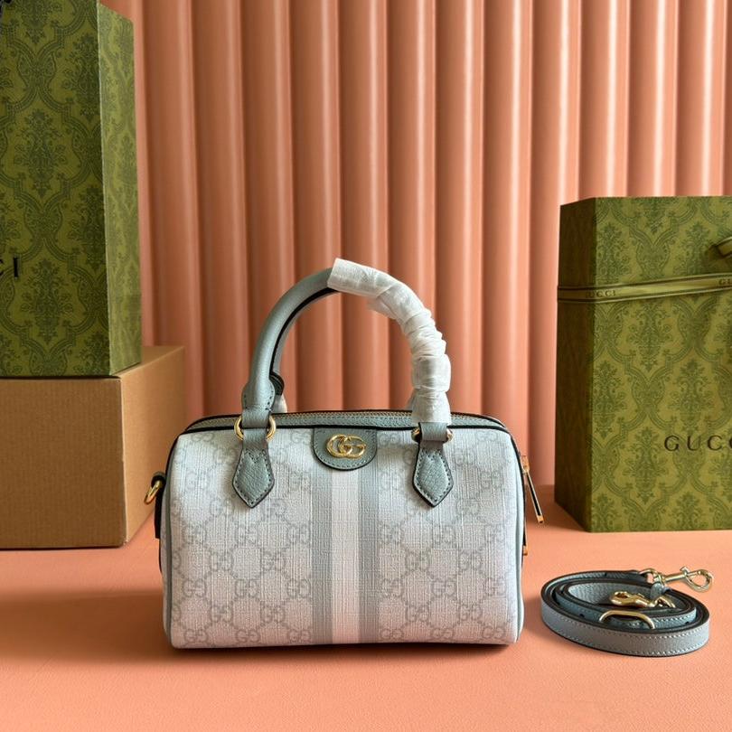 GUCCI OPHIDIA TOP HANDLE BAG 21 IN GREY-GREEN MONOGRAM CANVAS AND CALFSKIN TRIM GOLD HARDWARE