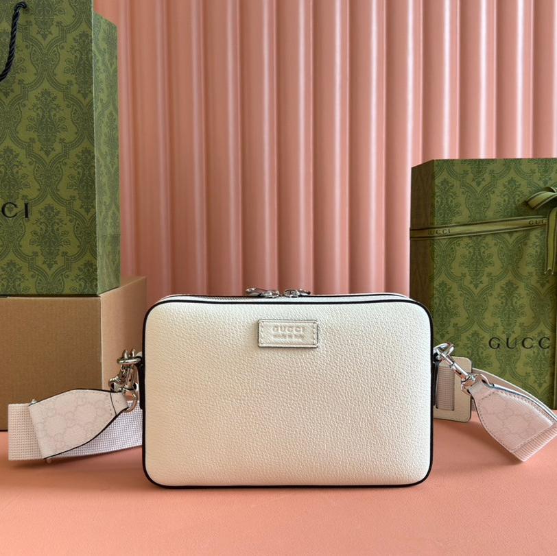 GUCCI SMALL CROSSBODY BAG 24 WITH TAG IN WHITE CALFSKIN AND CANVAS TRIM